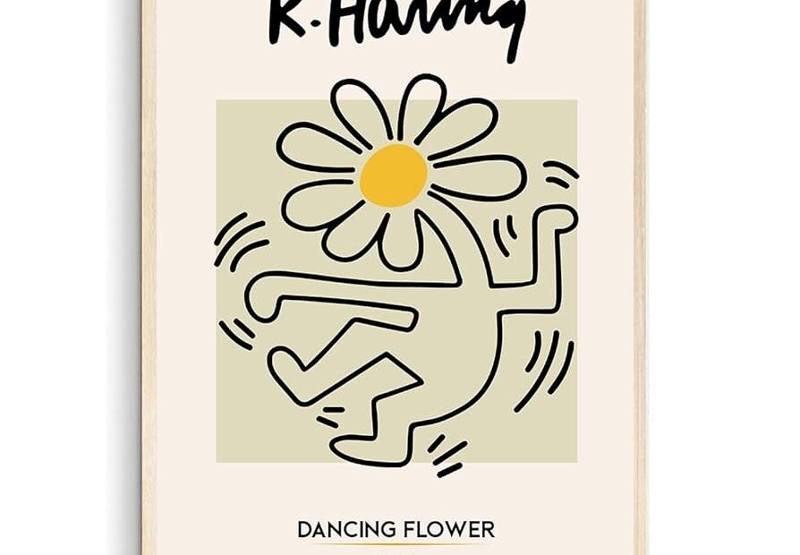 Nationcog Flower Dancing Print Keith Haring Poster Danish Pastel Pop Art Haring Wall Art Printable Haring Art Yellow Color Unframed 12x18