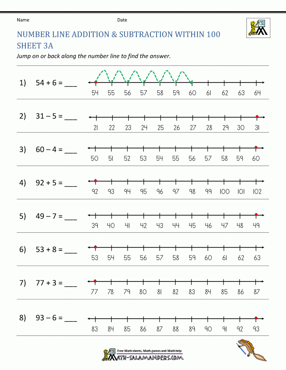 Number Line Addition And Subtraction Worksheets