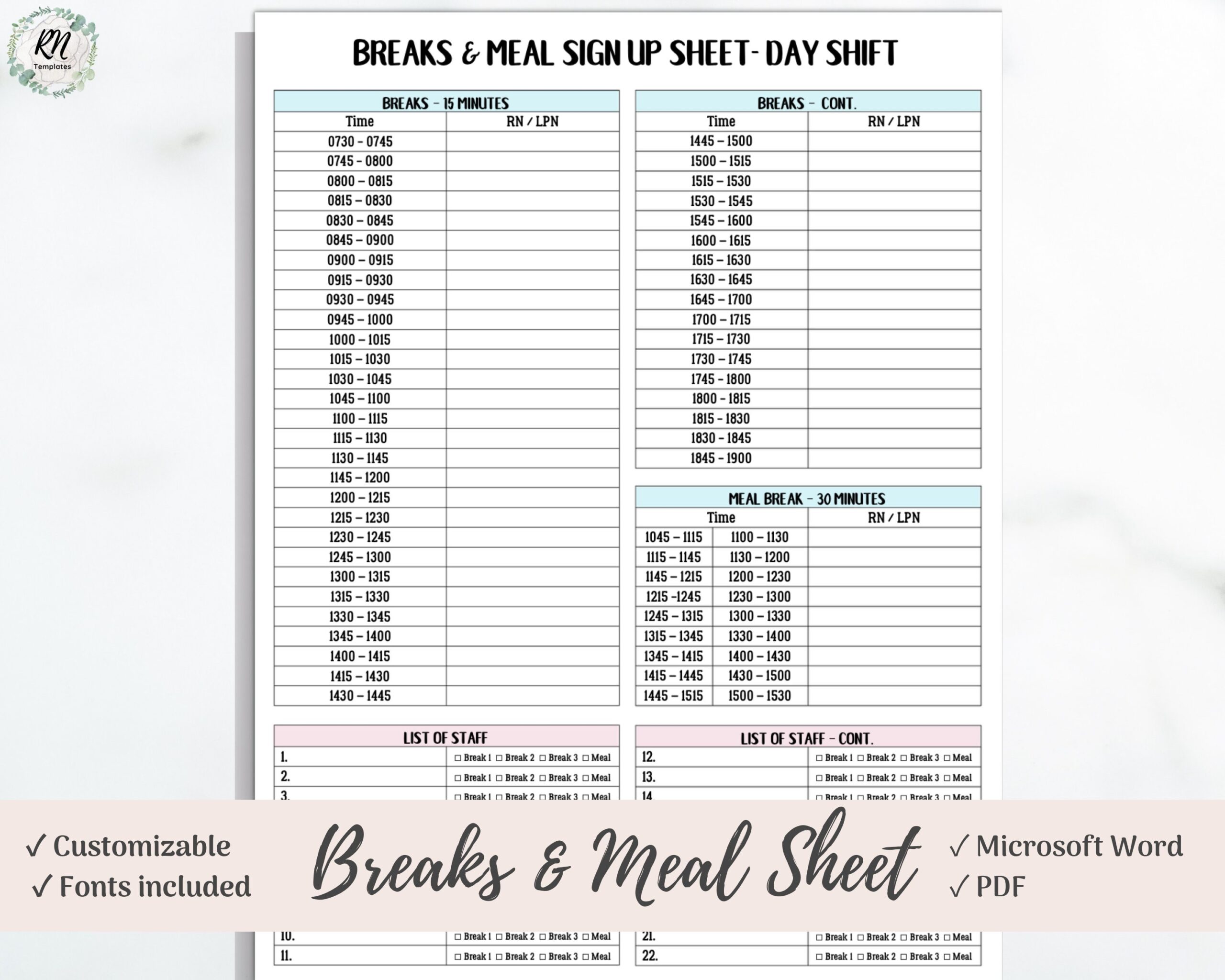Nurse Break U0026 Meals Tracker Template 2 Versions For 12 Hour And 8 