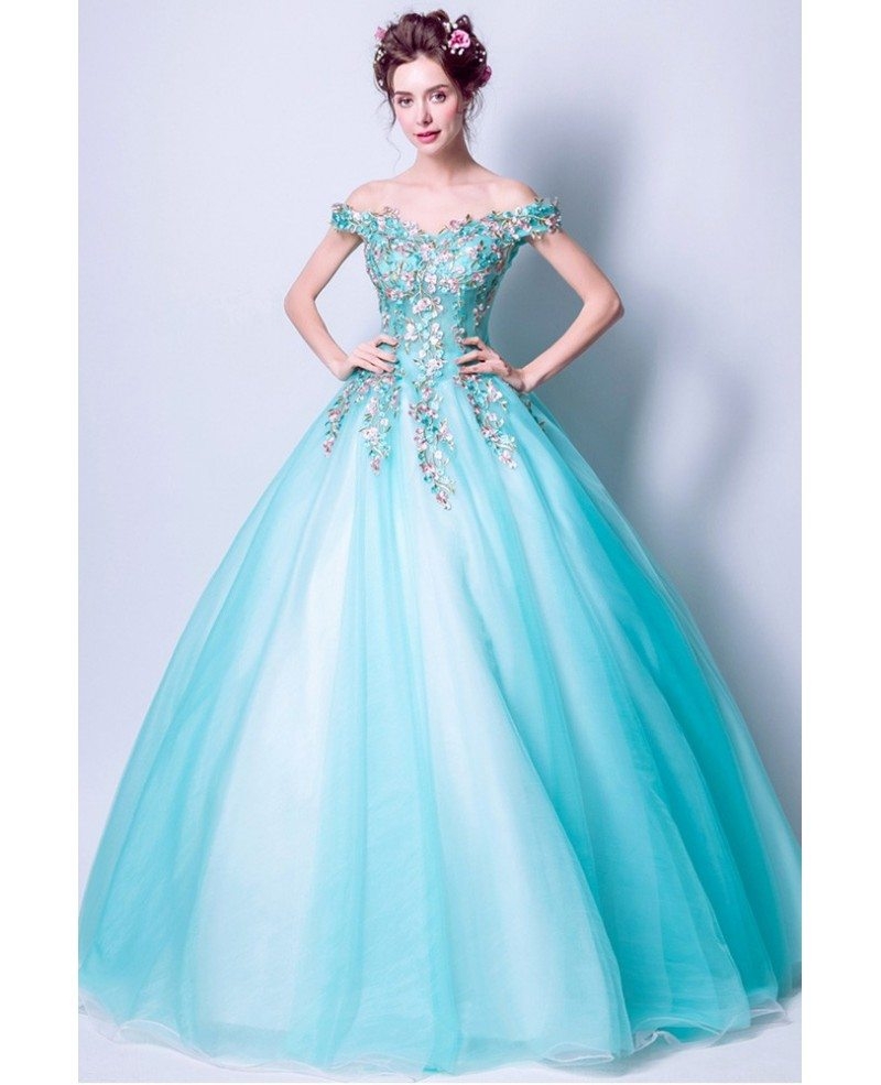 Off Shoulder Aqua Blue Prom Dress Ball Gown With Special Lace AGP18055 GemGrace