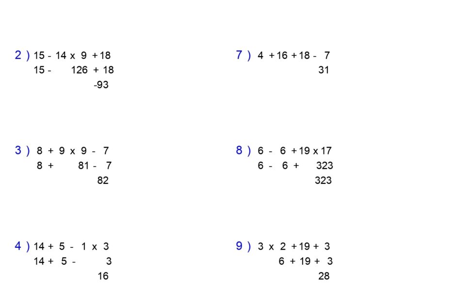 Order Of Operations Without Division Worksheets Add Subtract