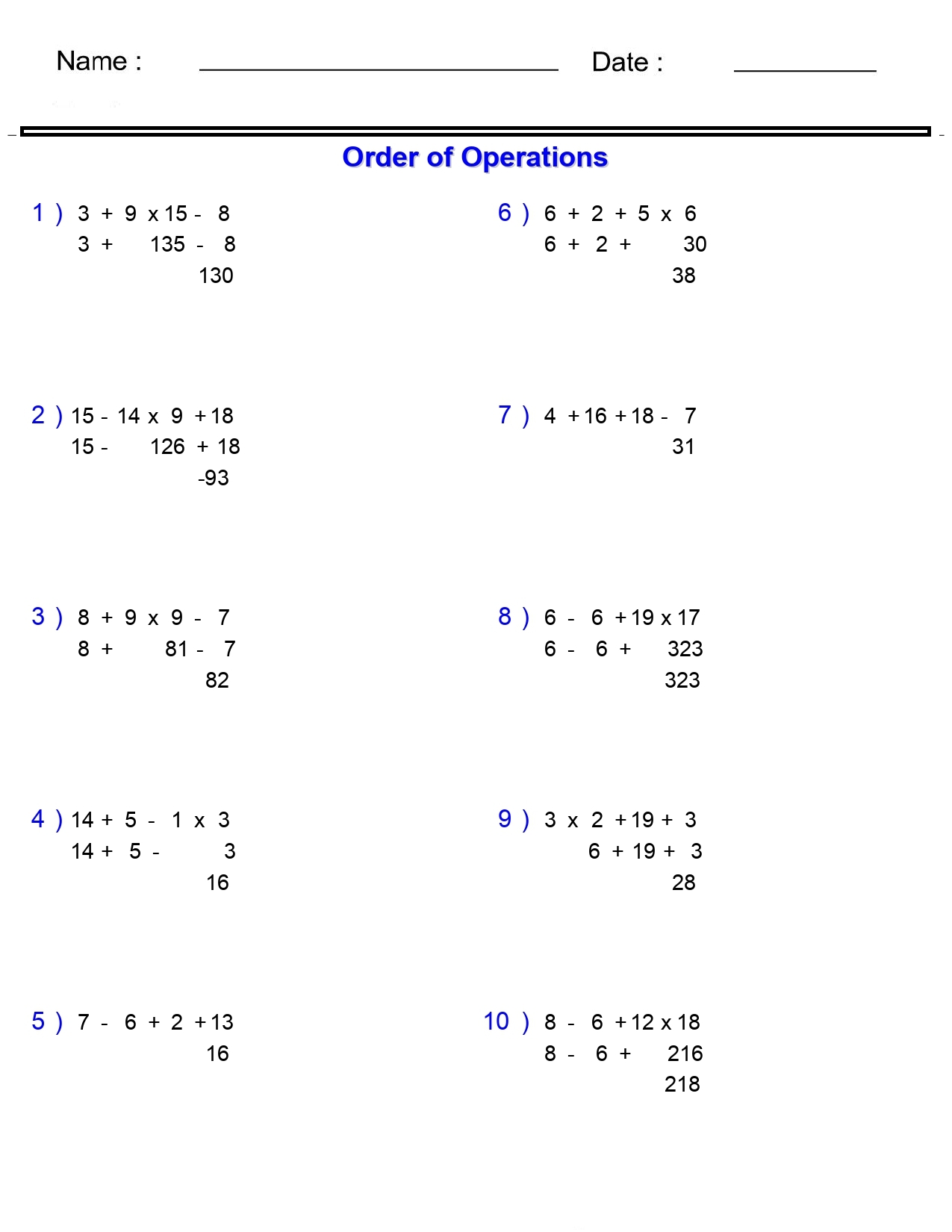 Order Of Operations Without Division Worksheets Add Subtract 