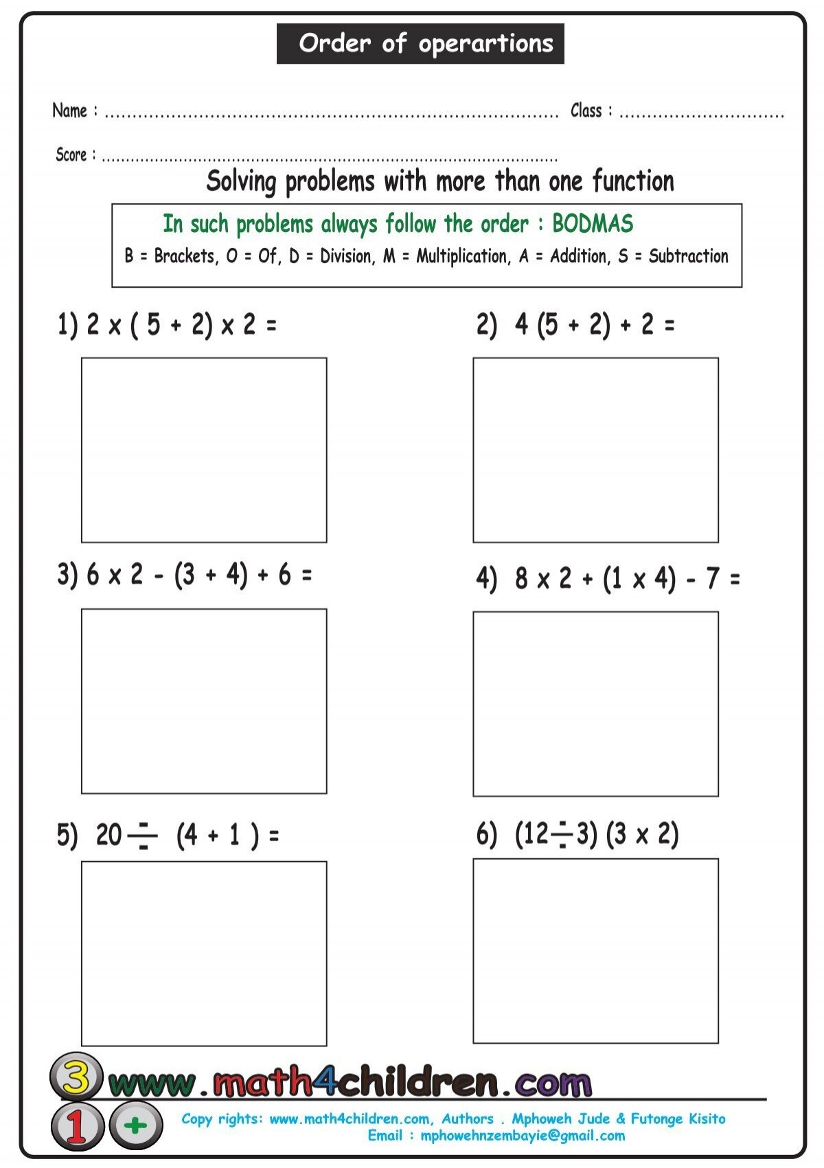 math worksheets order of operations