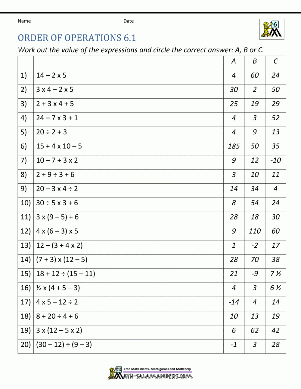 Order Of Operations Worksheets Worksheets Library
