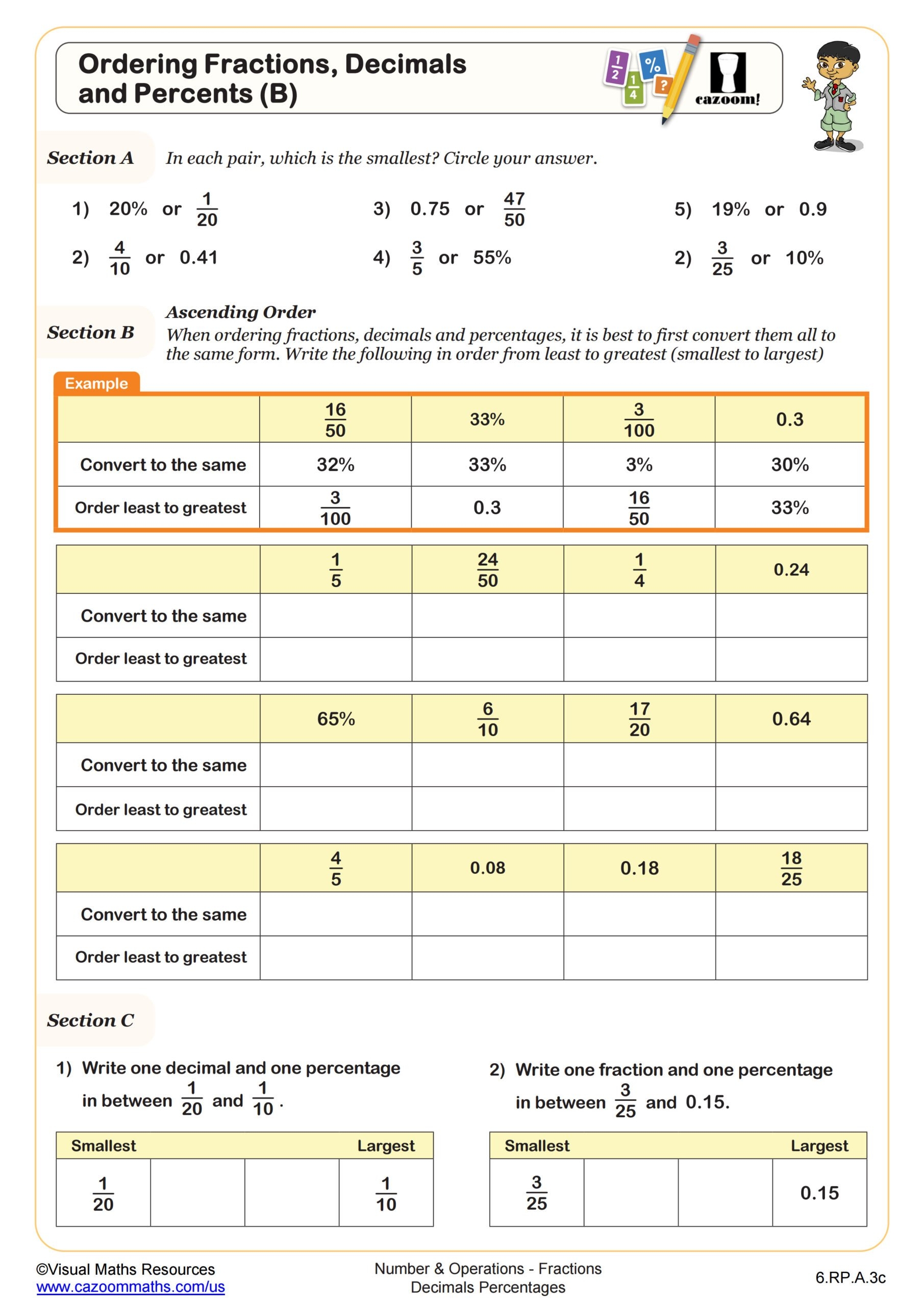 Ordering Fractions Decimals And Percents B Worksheet 6th 