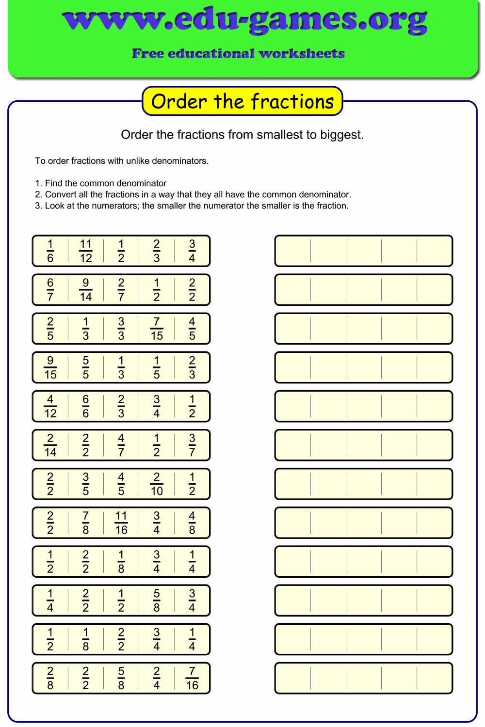 Ordering Fractions Unlike Denominators Worksheet 