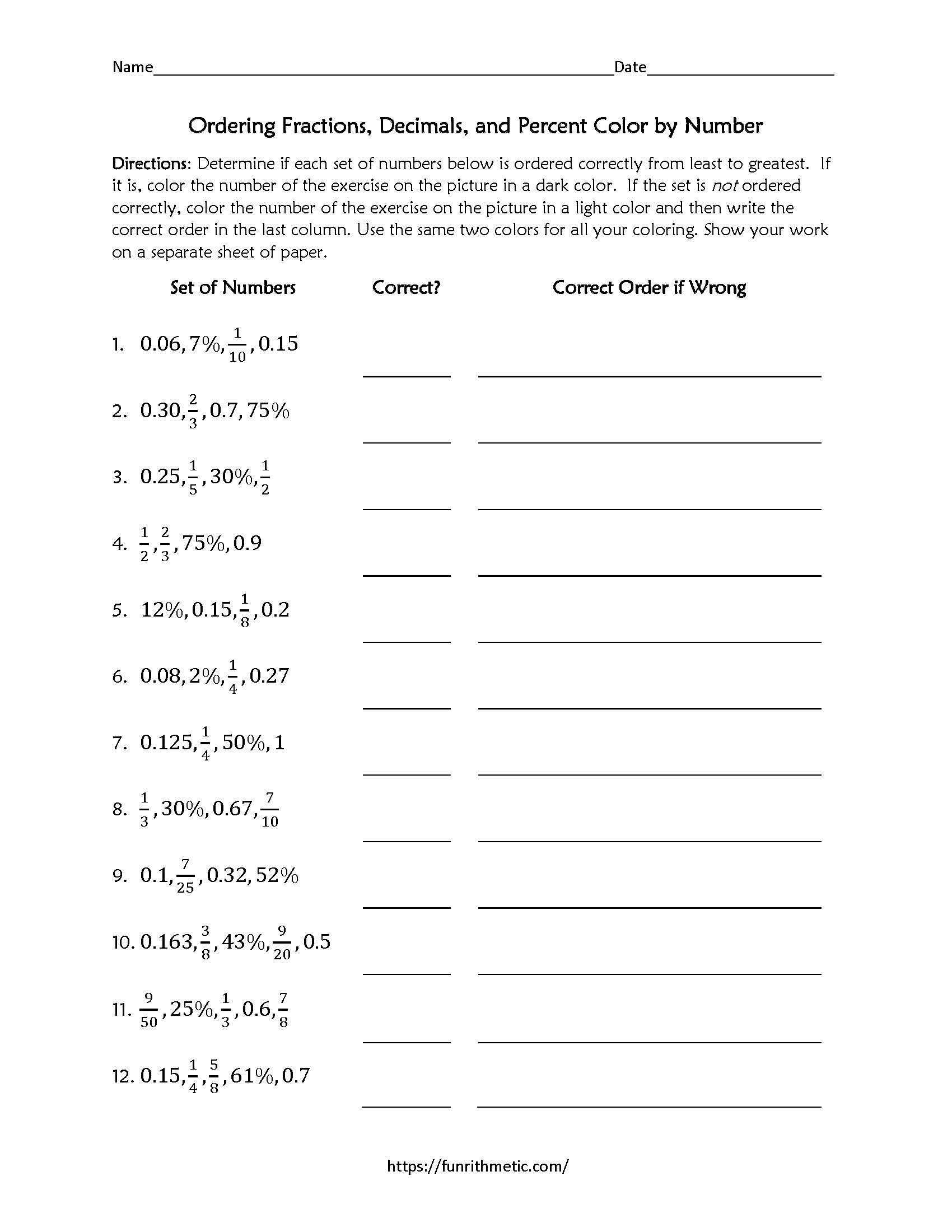 Ordering Rational Numbers Color By Number