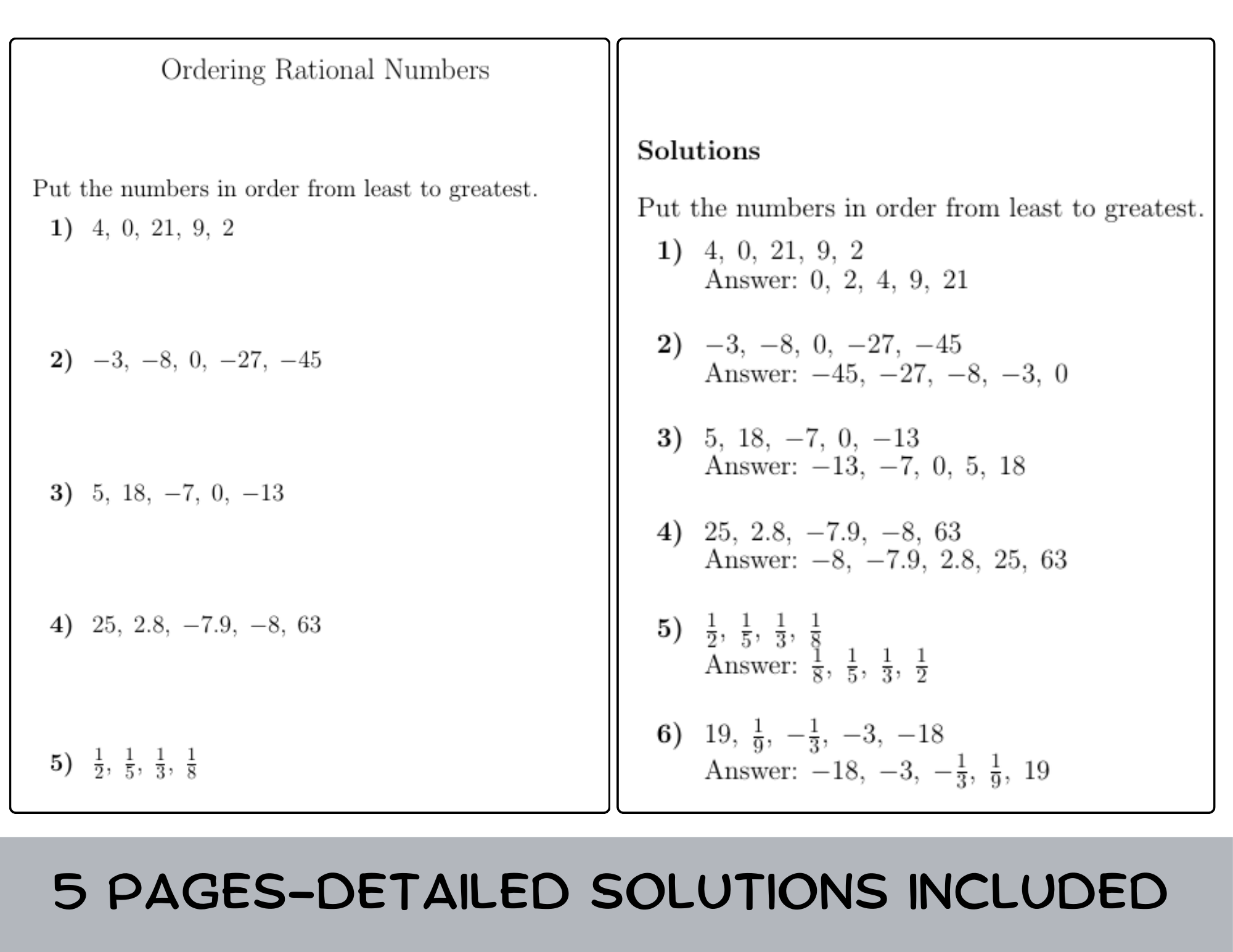 ordering rational numbers worksheet