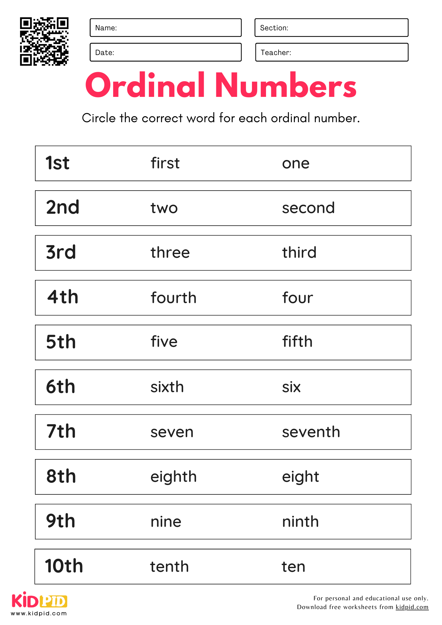 Ordinal Numbers 1 20 In Words Worksheets For Grade 1 Kidpid