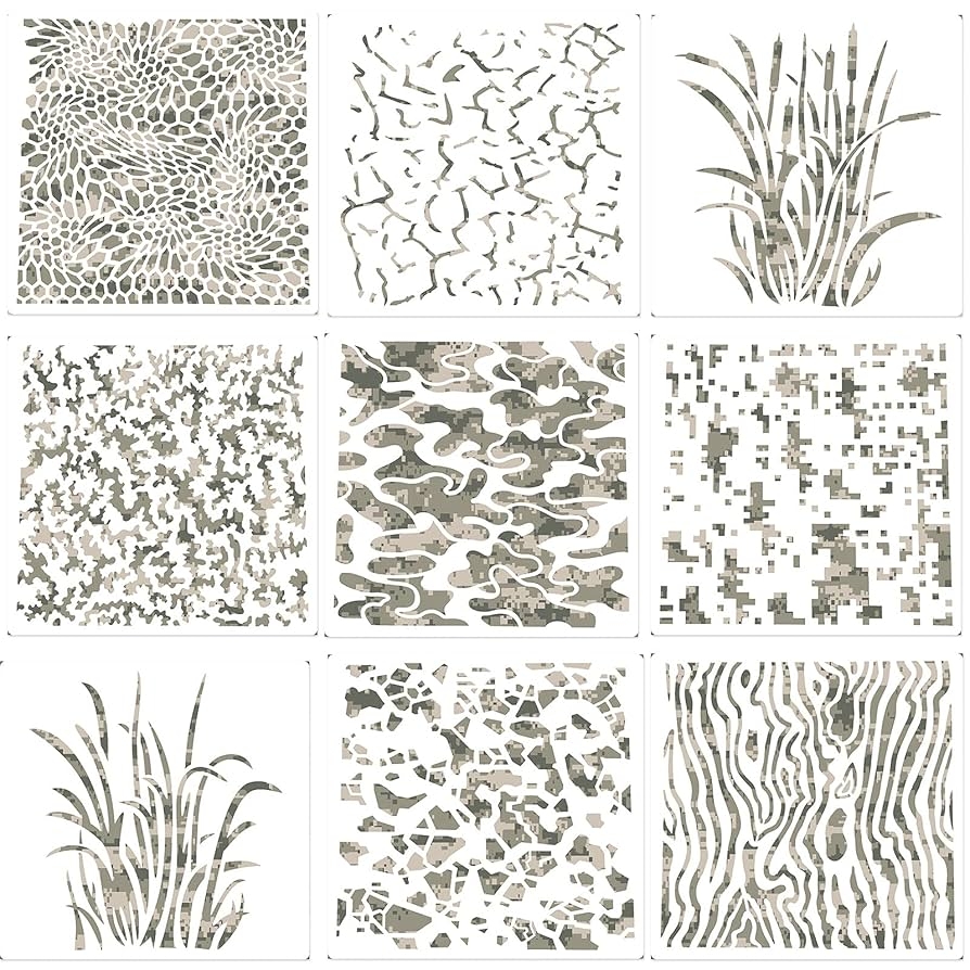 Outus 9 Pieces Camo Print Stencils Camouflage Painting Templates Reusable Grass Pattern Stencils Green Camo For DIY Scrapbooking Painting On Wood 