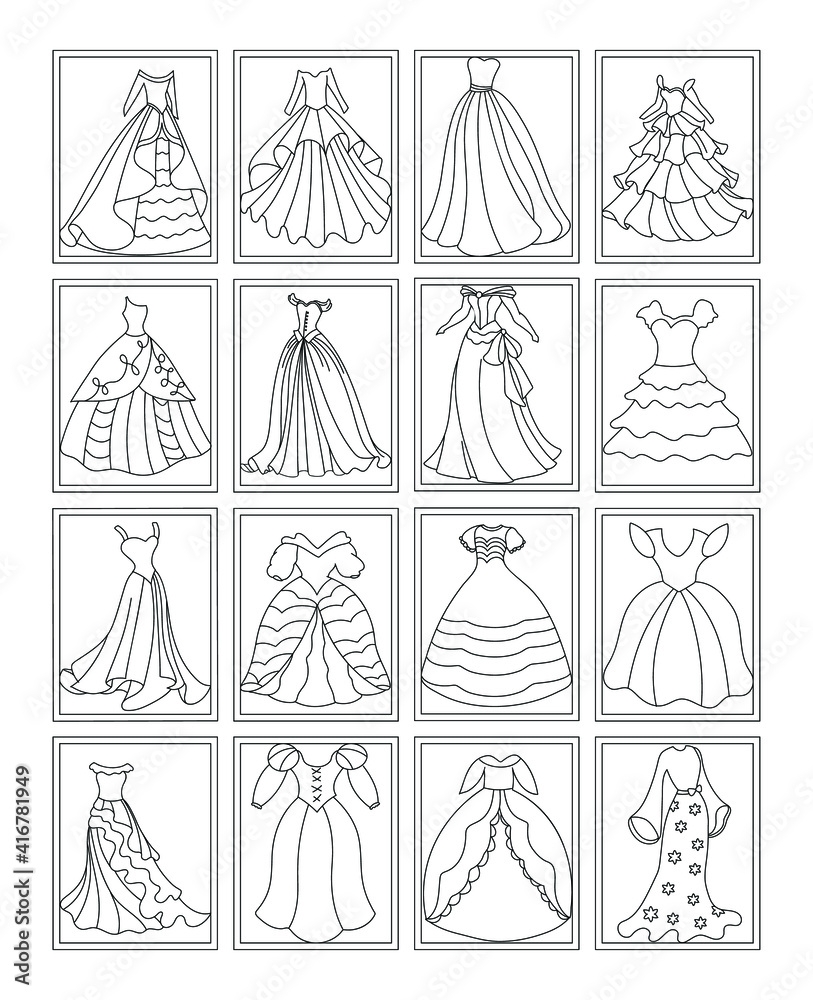 Pack Of Princess Dress Coloring Pages Stock Vector Adobe Stock
