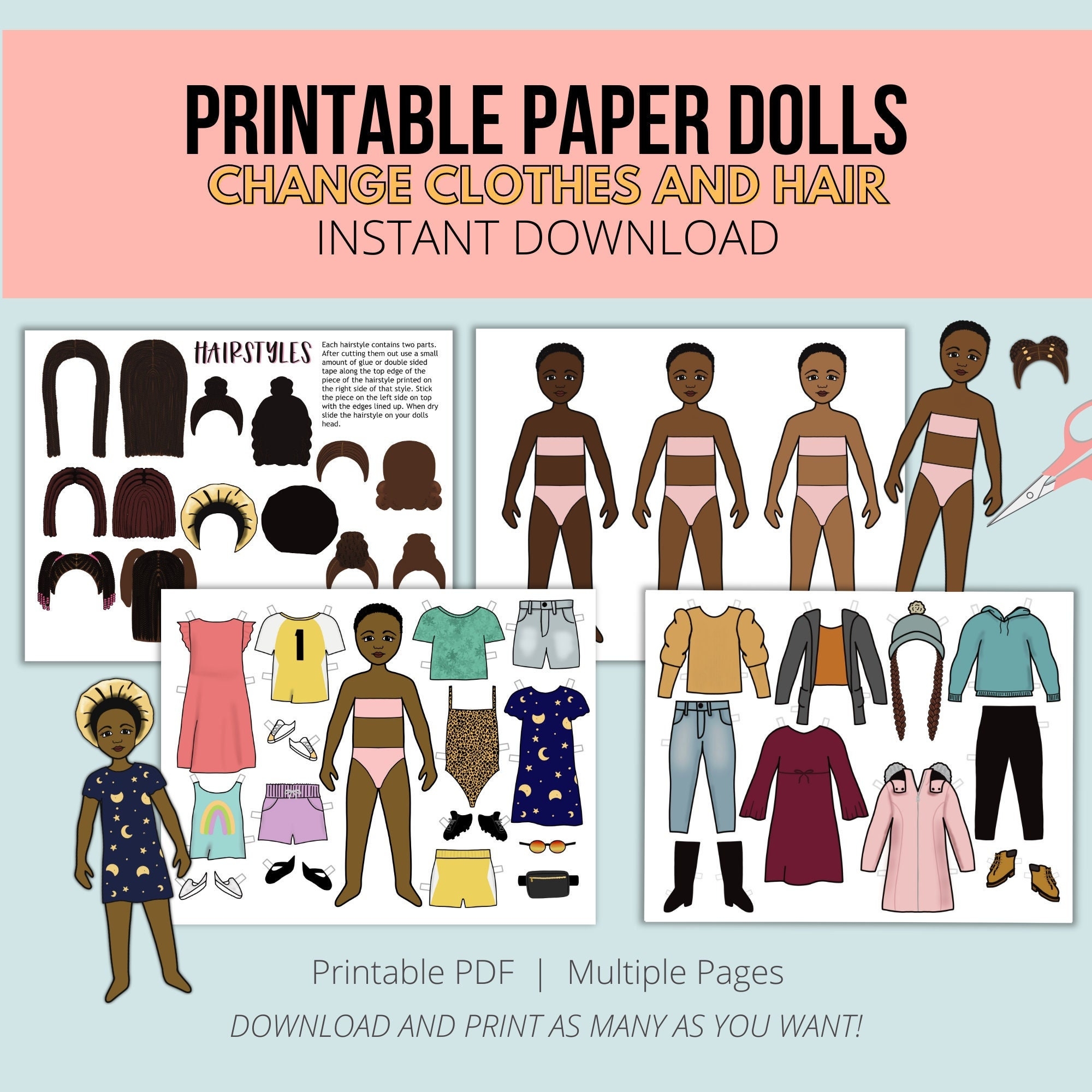 Paper Dolls Printable Craft Natural Hair Doll Black Girl 
