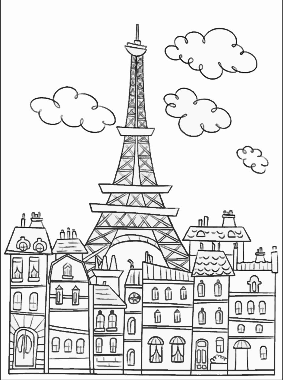 Paris Buildings And Eiffel Tower Paris Coloring Pages