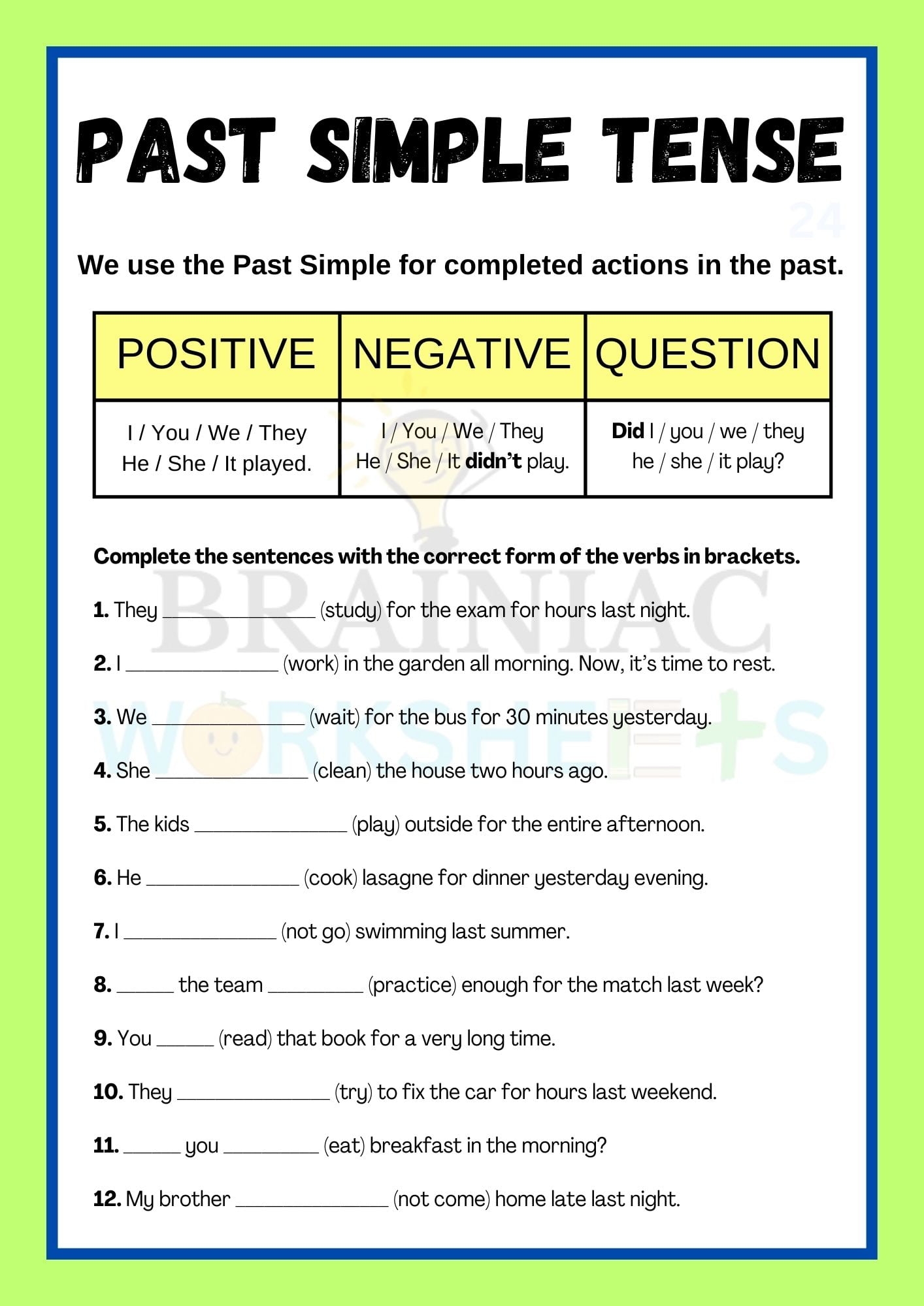 Past Simple Tense English Worksheet For Class 4 Brainiac Worksheets