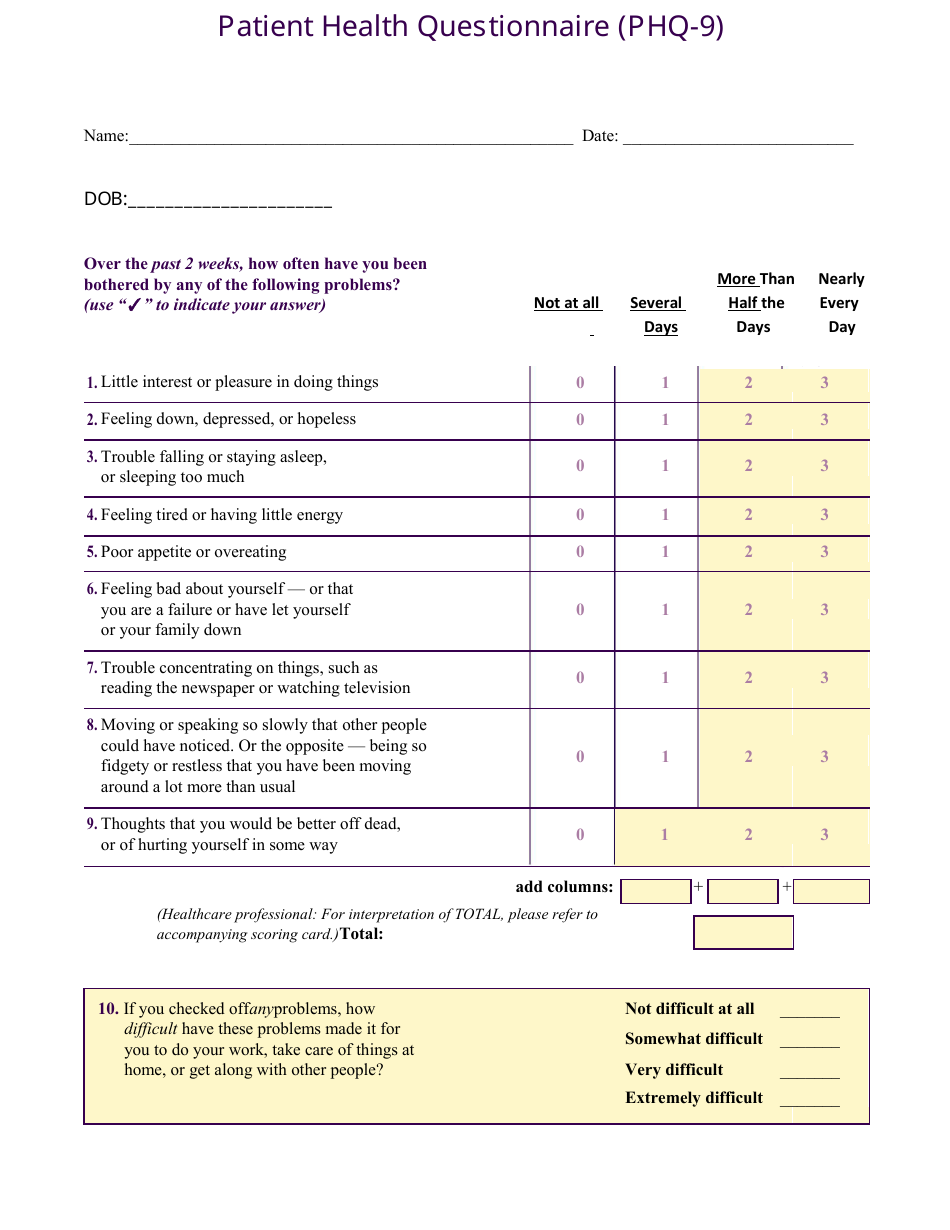 Patient Health Questionnaire Phq 9 Form Fill Out Sign Online 