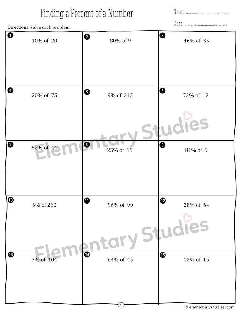Percent Of A Number Worksheets Part Whole Percent Elementary Studies