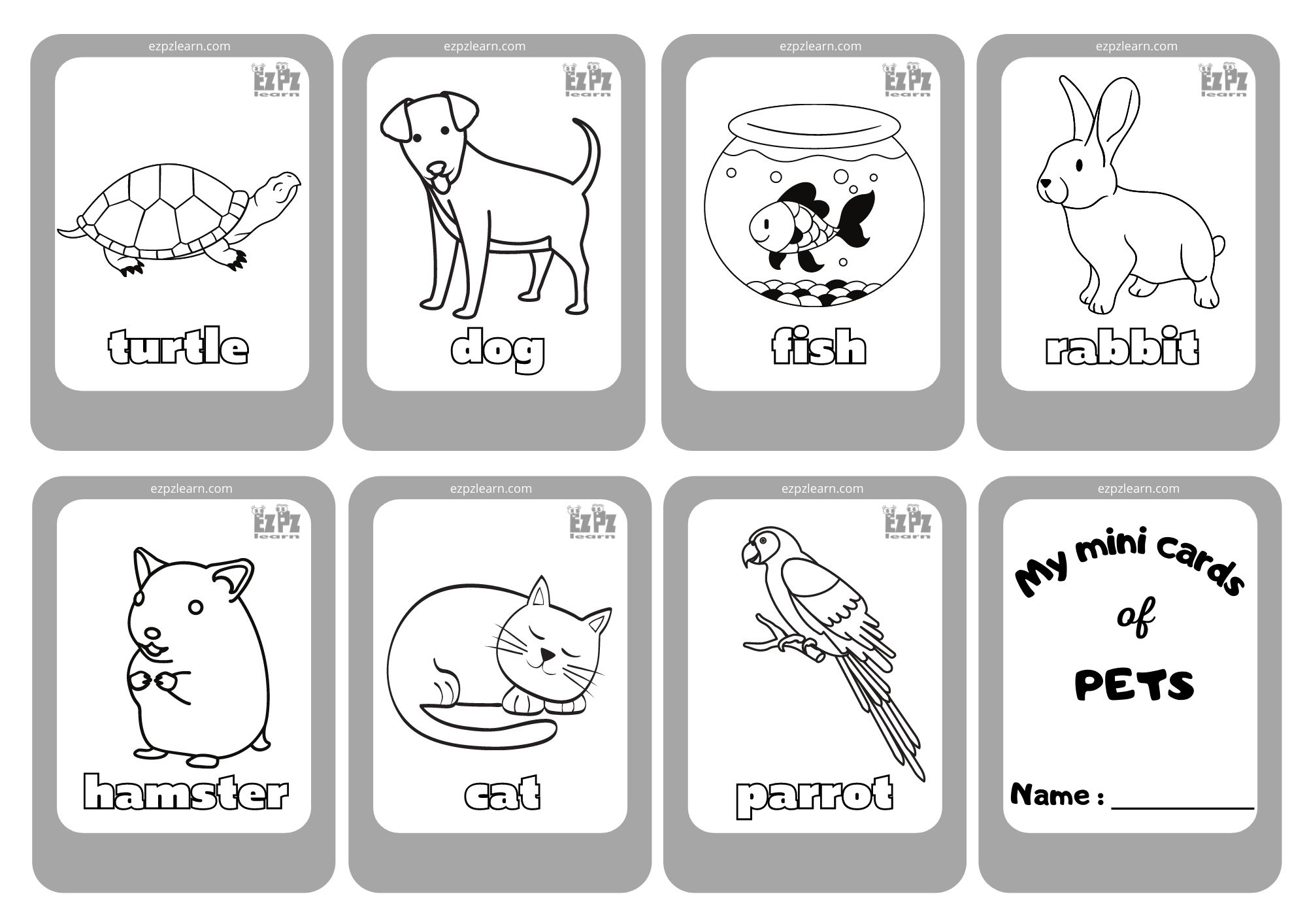 Pets Mini Cards Coloring Ezpzlearn