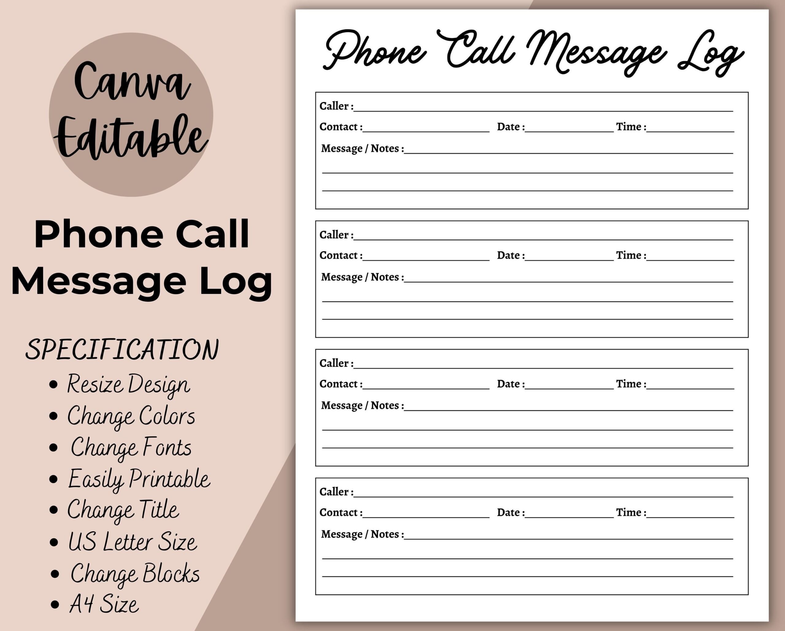 Phone Call Message Log Editable Fillable Telephone Template 