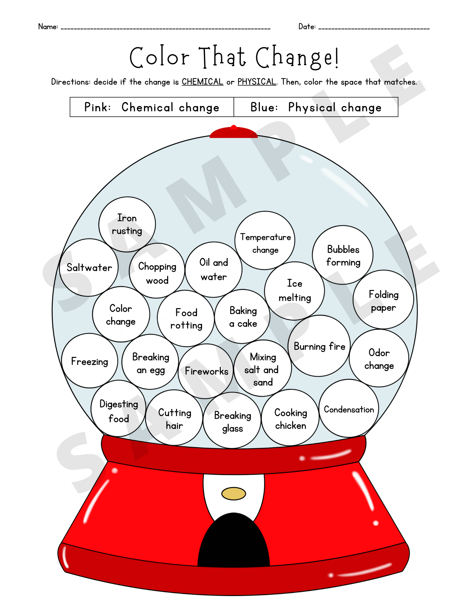 Physical And Chemical Changes Coloring Activity Worksheet K 5 