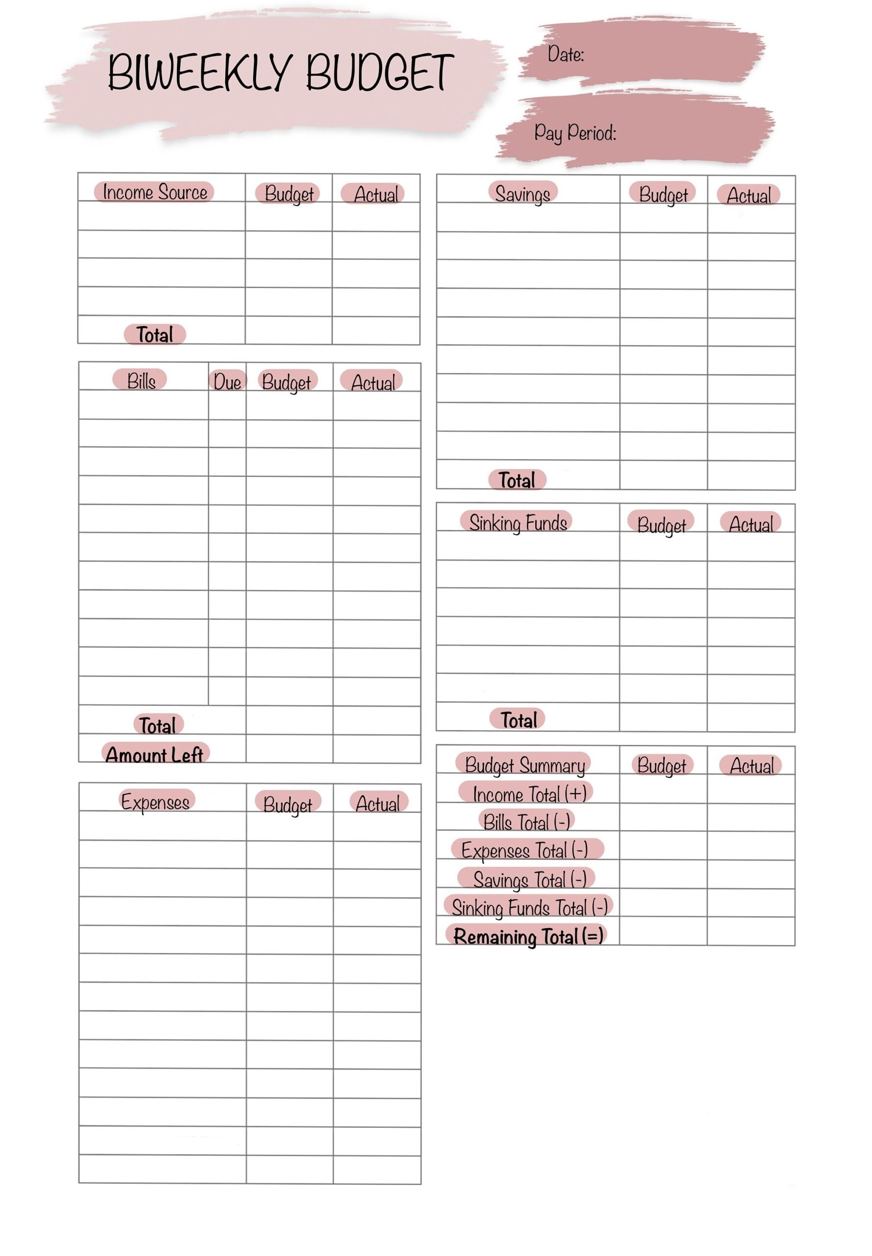 Pink Printable And Digital Biweekly Budget Planner Cash Envelopes Expenses