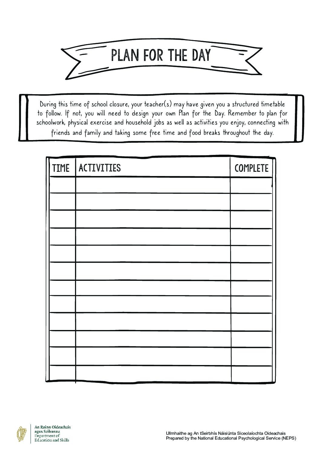 Plan For The Day Template John The Baptist Community School