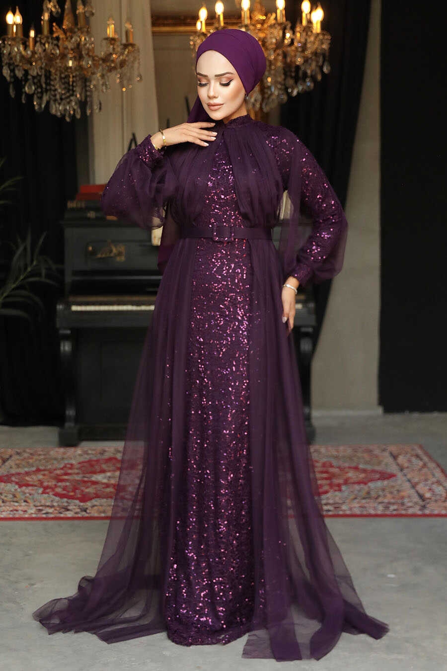 Plum Color Turkish Hijab Prom Dress 5441MU