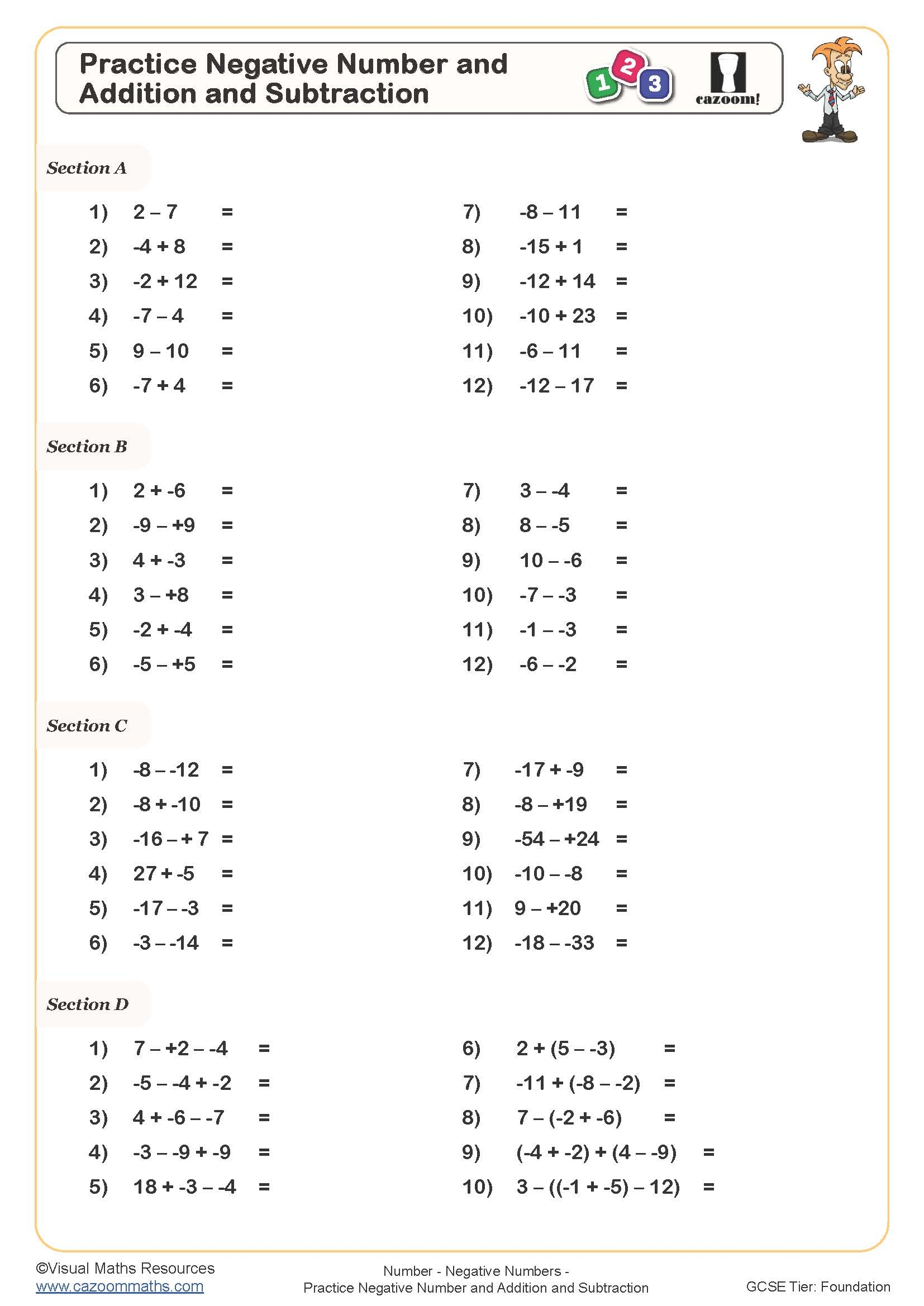 Practice Negative Number And Addition And Subtraction Worksheet Printable PDF Worksheets