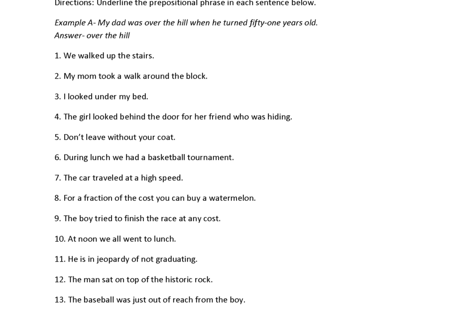 Prepositional Phrases Worksheets Identifying Prepositional Phrases Worksheet