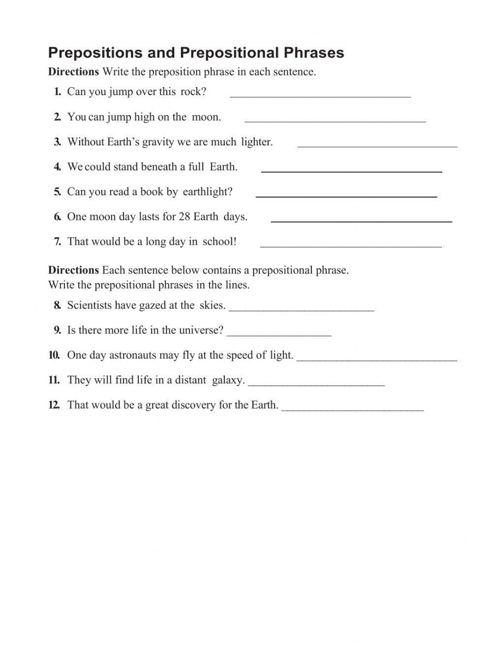 prepositional phrases worksheet