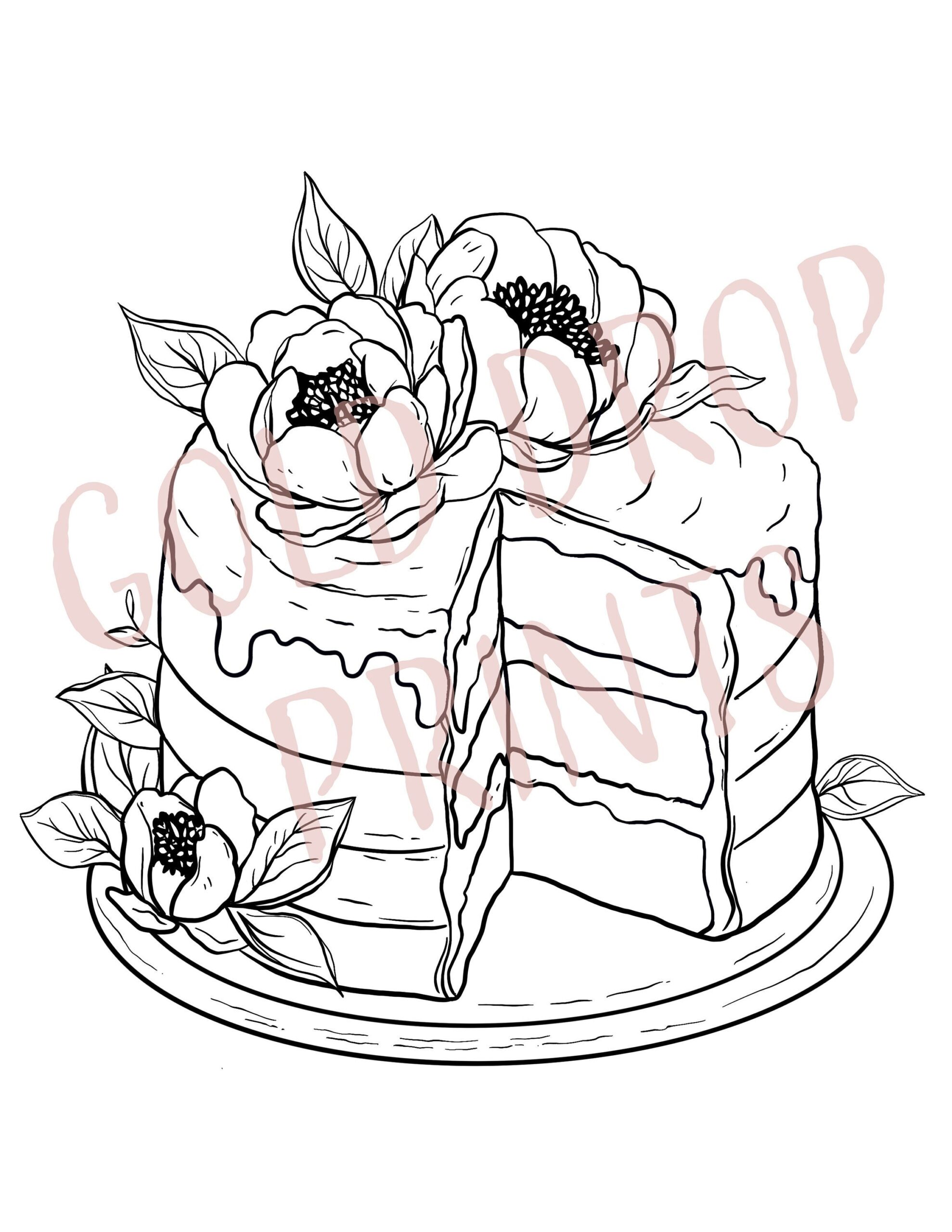 Pretty Flower Cake Print Coloring Page Dessert Coloring 