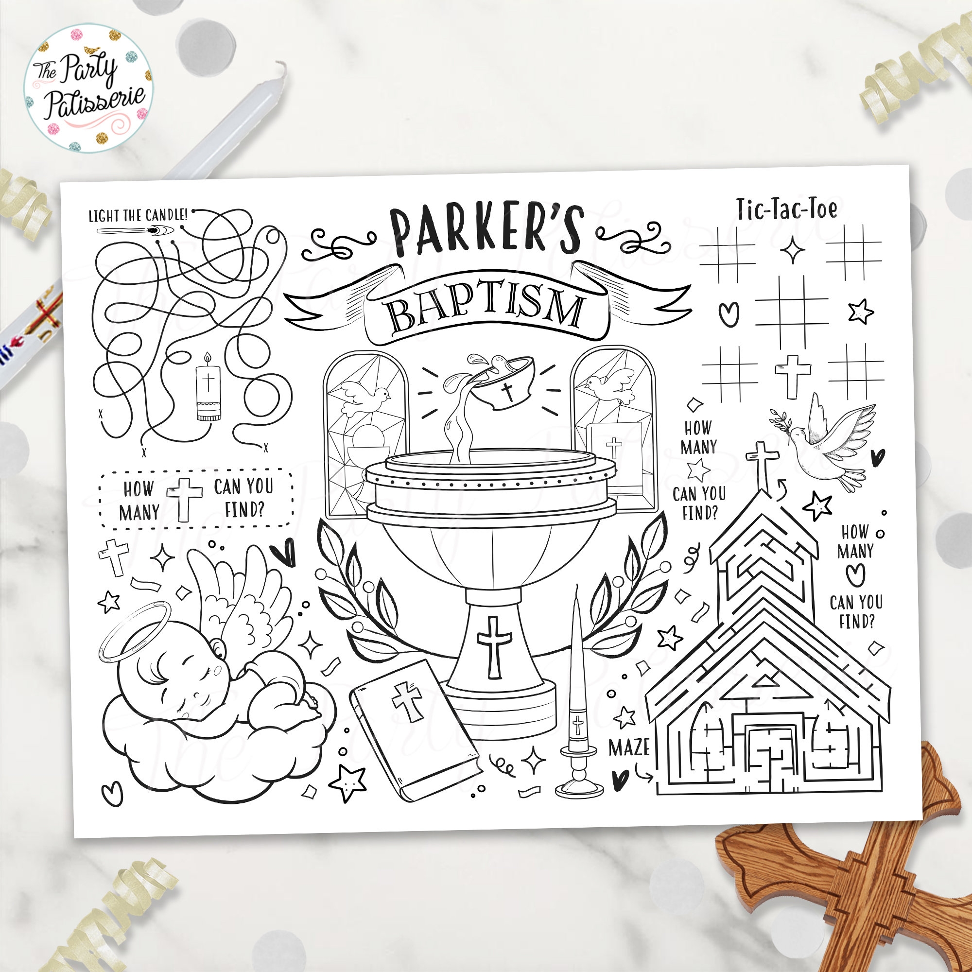 Printable Baptism Coloring Placemat Christening Coloring Placemat Personalized Digital File Printable Activity Mat