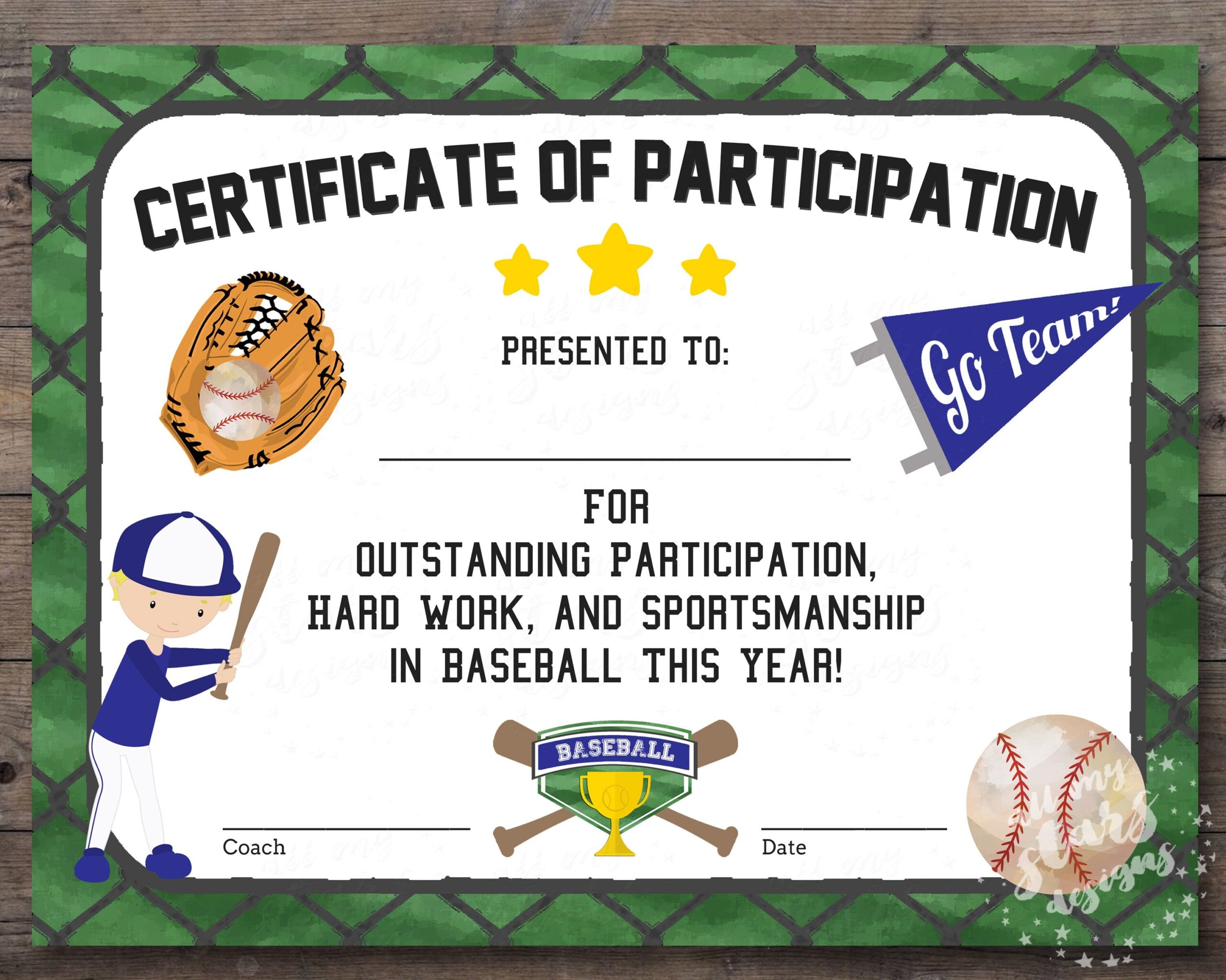 Printable Baseball Participation Certificate Sports Award INSTANT DOWNLOAD PDF With Fillable Fields Boy s Award Blue Team Colors Etsy