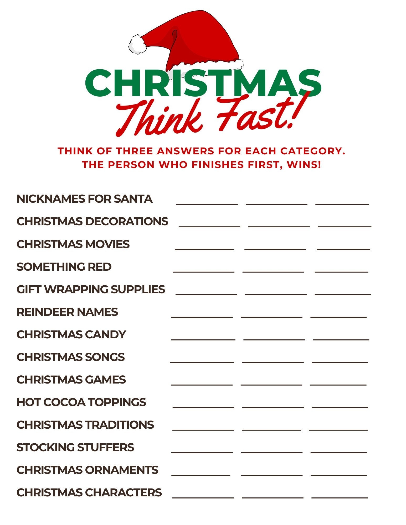 Printable Christmas Think Fast Game Christmas Day Activity Holiday Games Fun Holiday EASY Instant Download NOW 