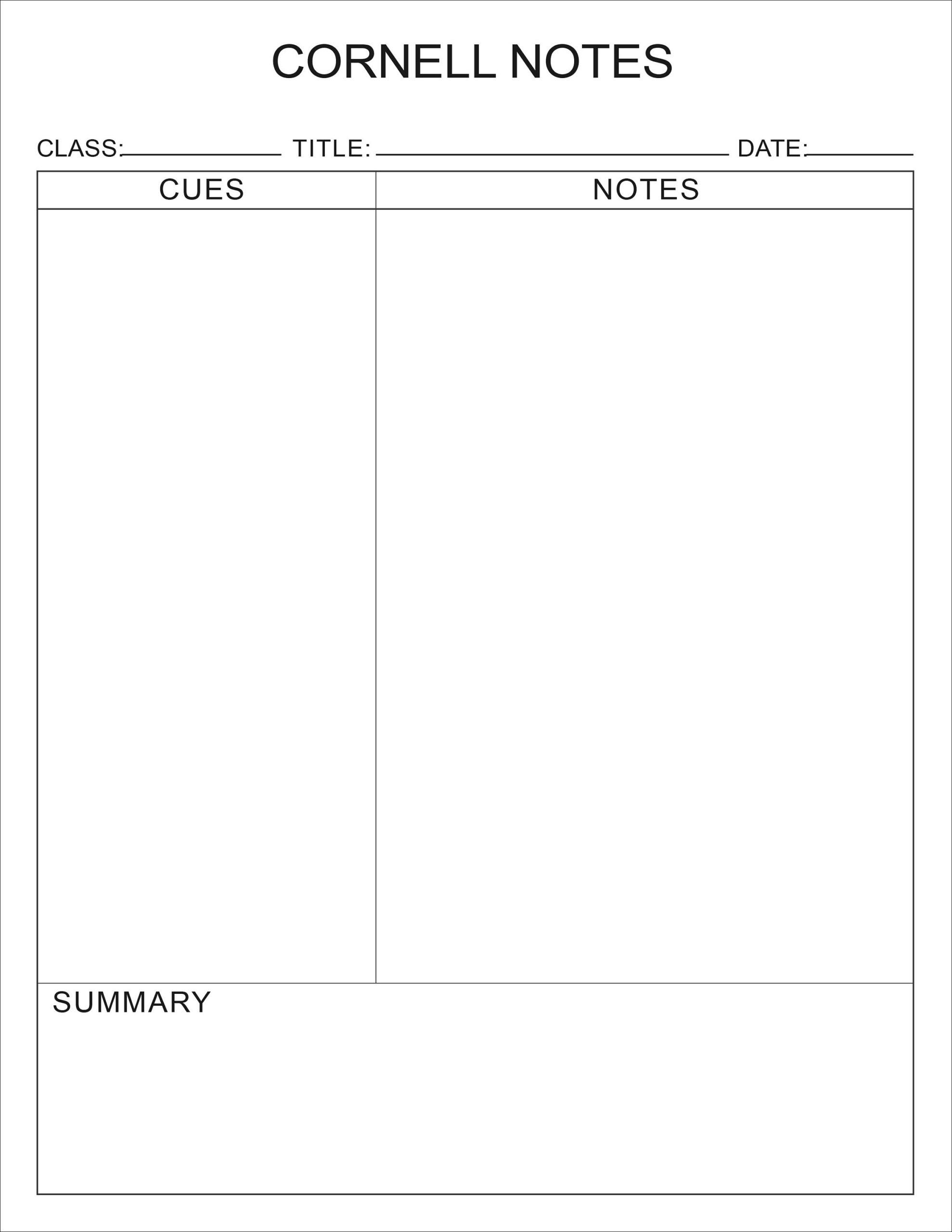 Printable Cornell Notes Plain Template PDF File 