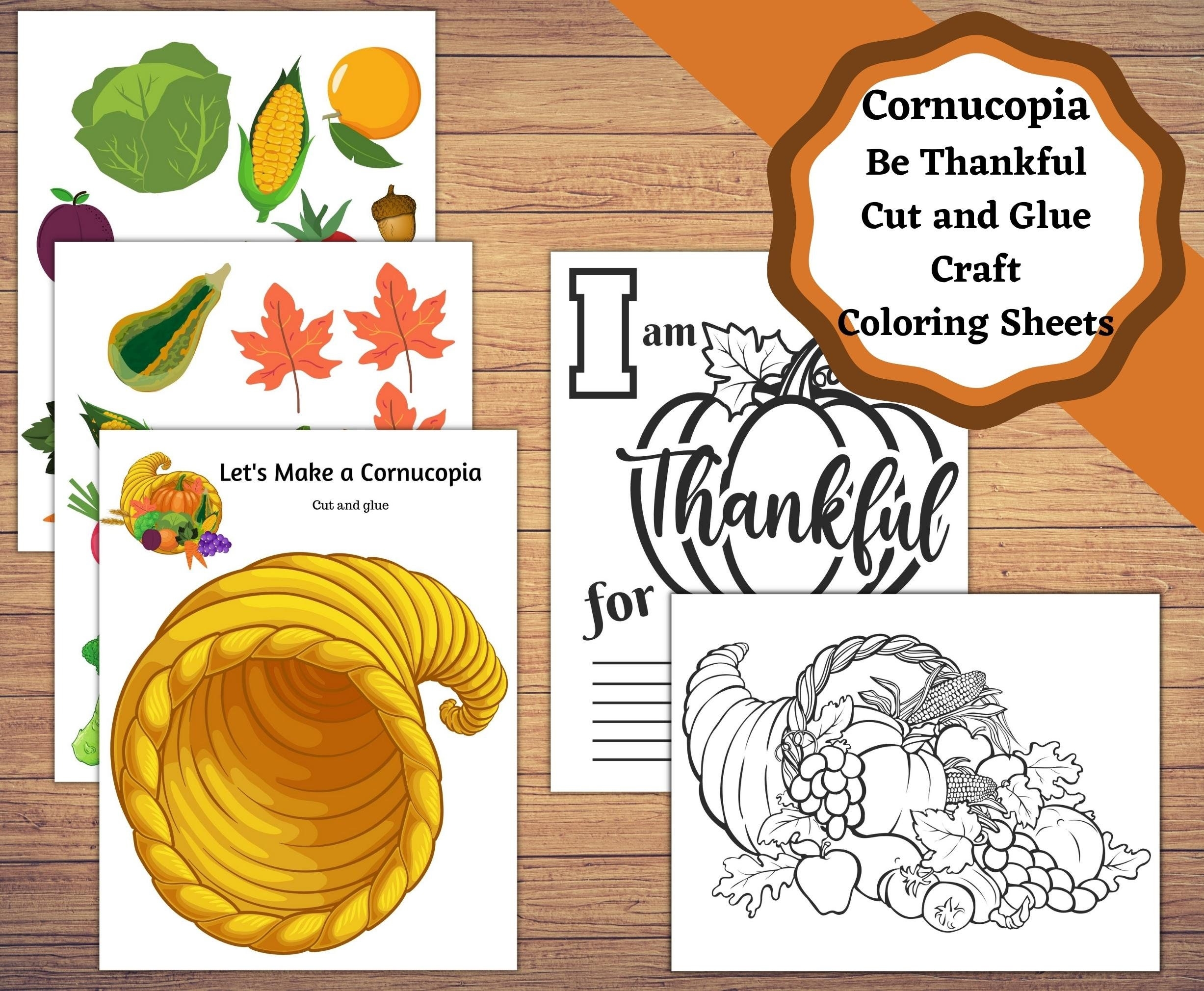 Printable Cut And Glue Cornucopia Craft With Be Thankful Coloring Sheets Kids Fall Thanksgiving Craft Etsy