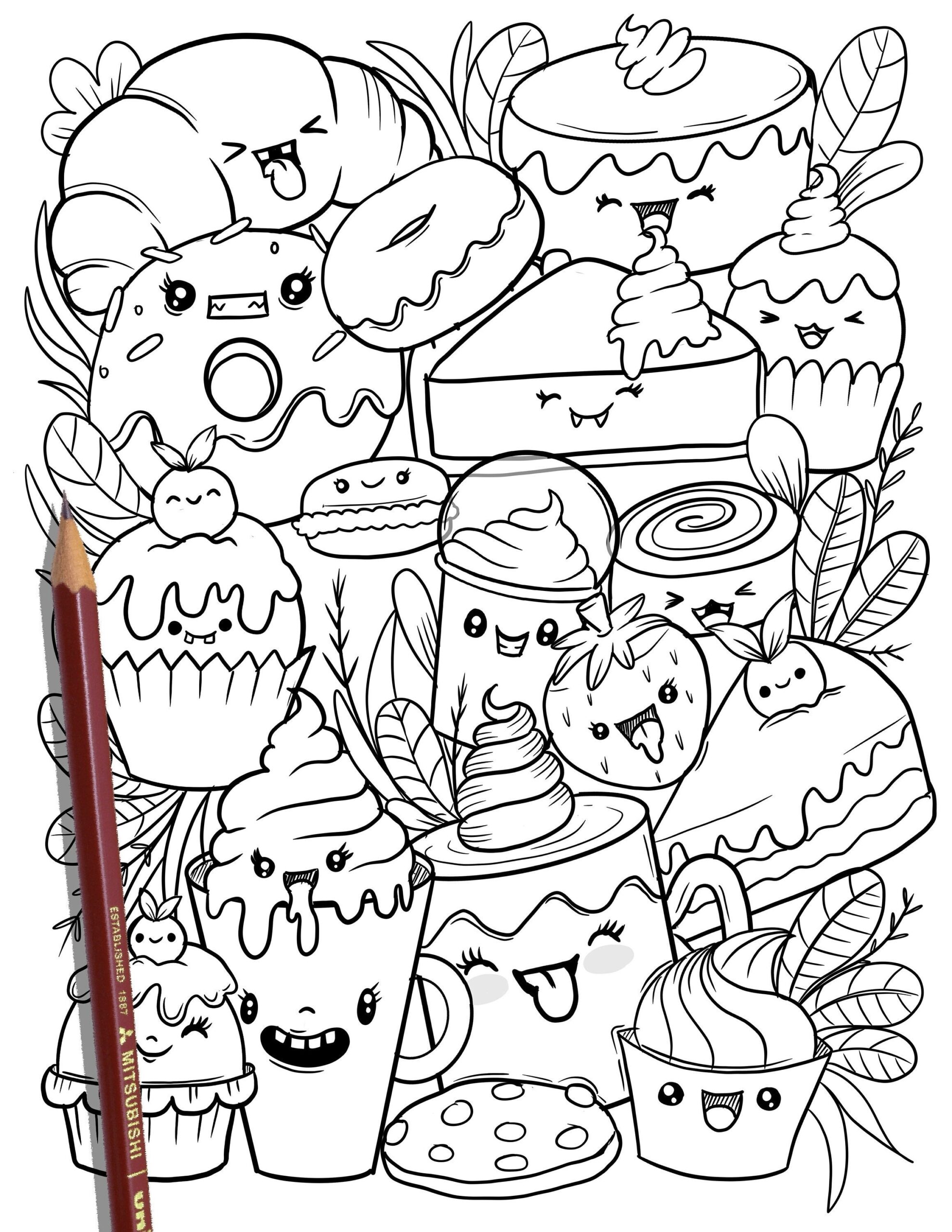 PRINTABLE Cute Dessert Coloring Page Hand Drawn Coloring Sheet Sweet Kawaii Doodles Coloring Page Kids Coloring Page Adult Coloring