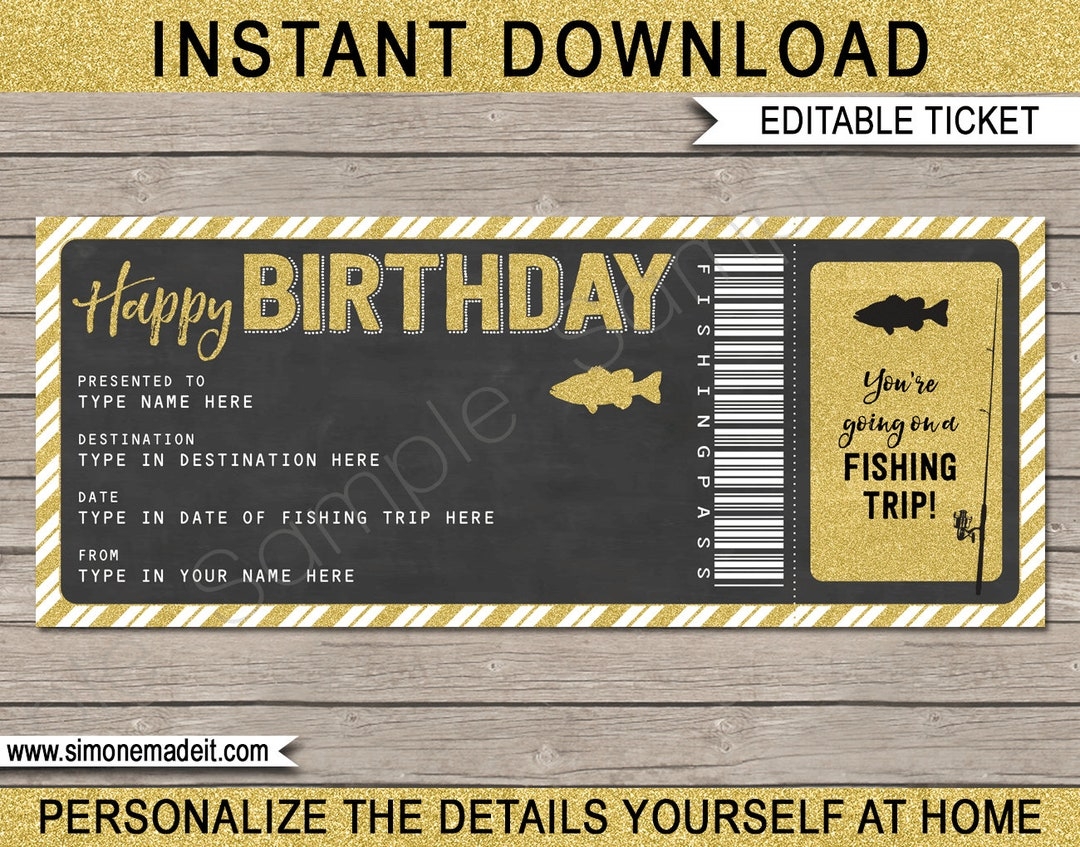 Printable Fishing Birthday Gift Voucher Pass Certificate Ticket Fishing Trip Holiday Vacation Gold DIY Coupon EDITABLE Text DOWNLOAD Etsy