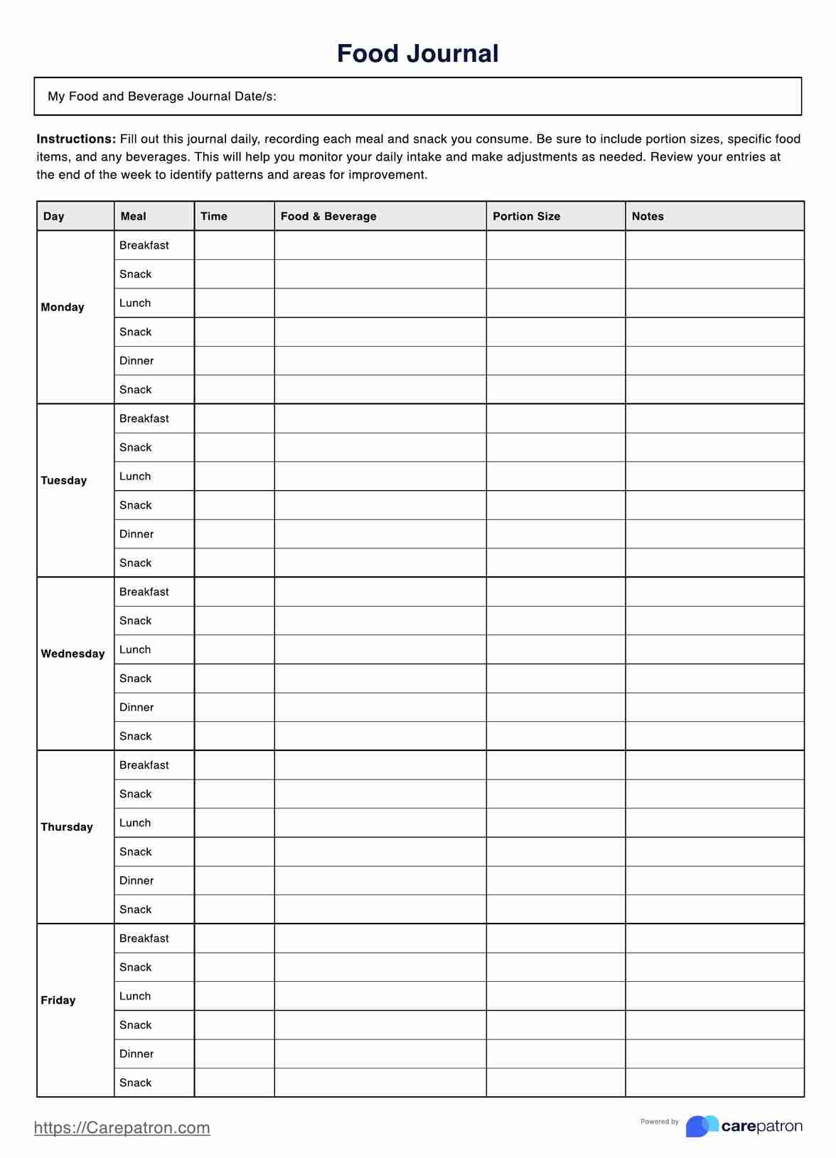 food journal printable template