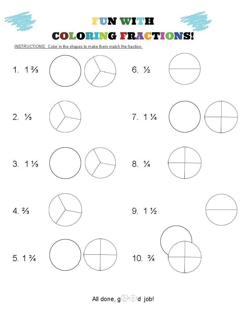 Printable Fractions Coloring Worksheet Digital Download Etsy