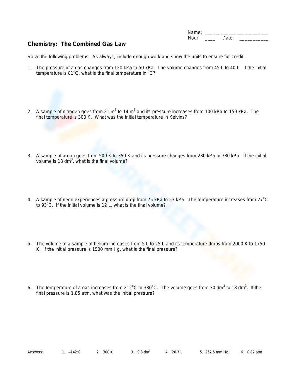 combined gas law worksheet