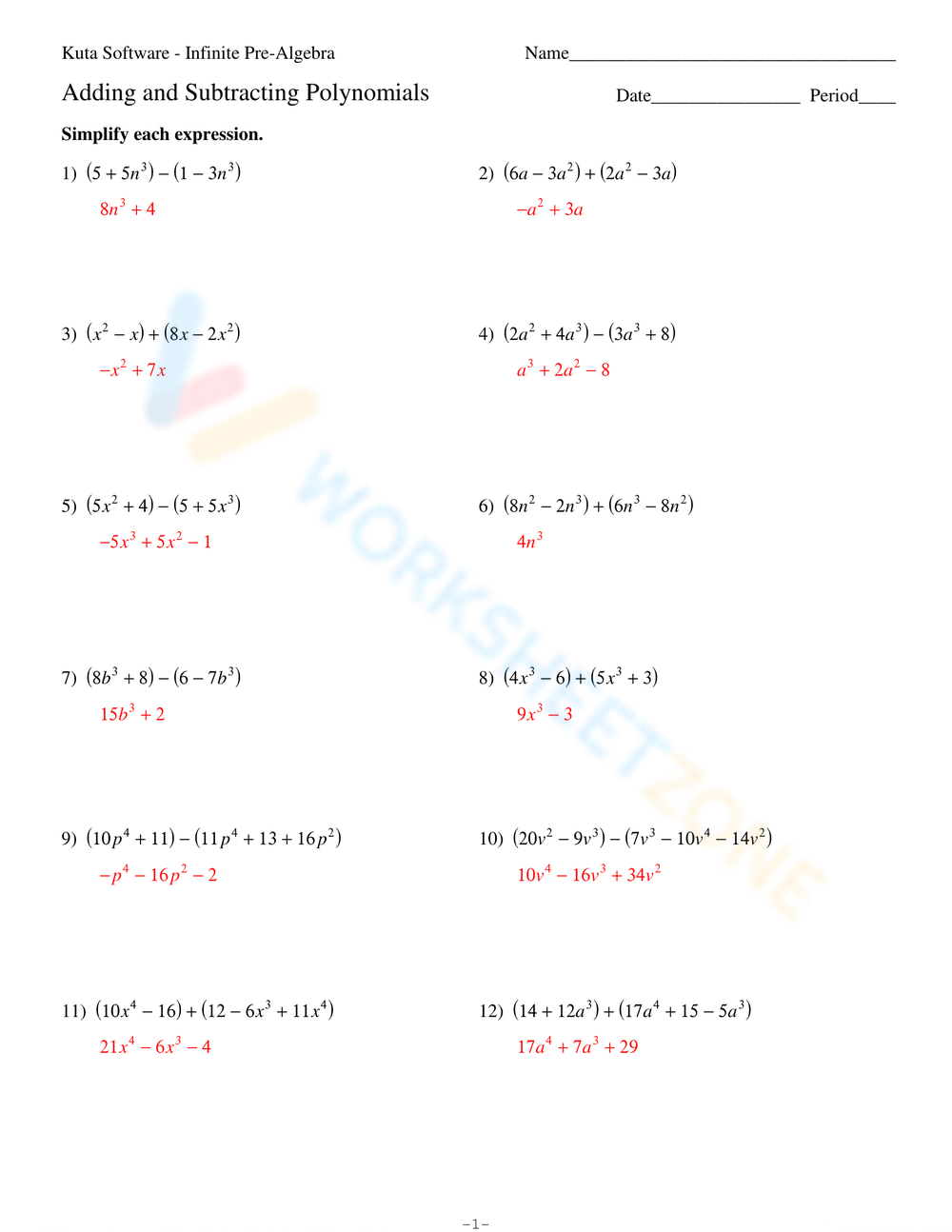 Printable Grade 8 Adding And Subtracting Polynomials Worksheets Download