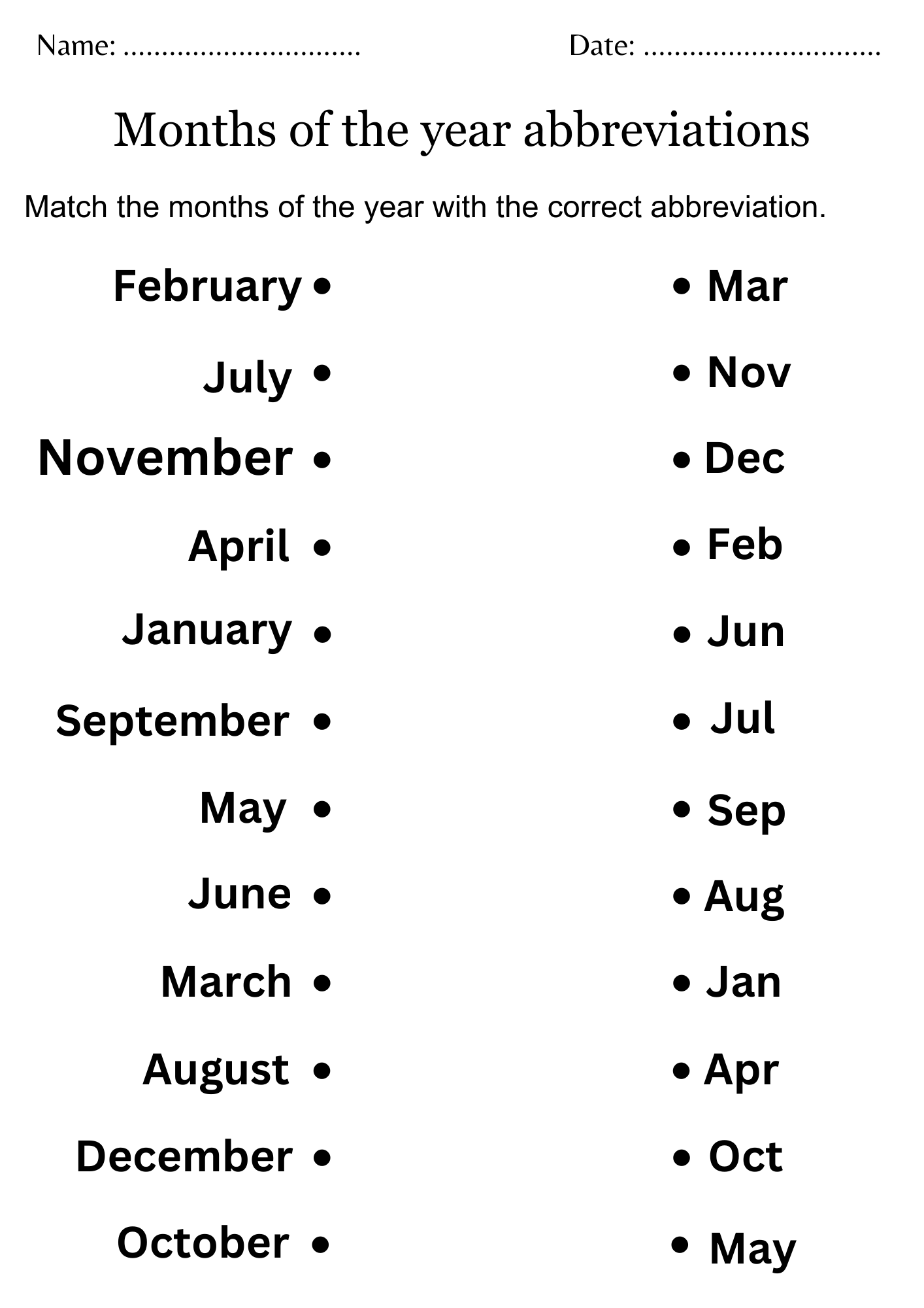 Printable Months Of The Year Abbreviations Worksheet For 