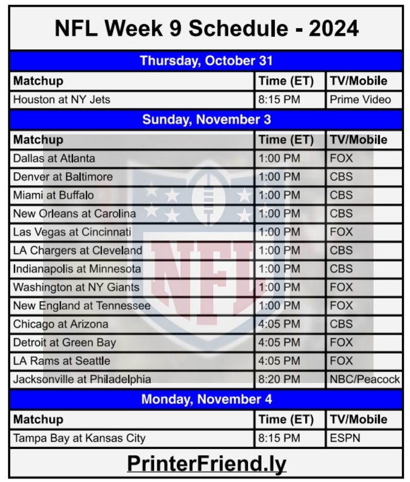 Printable NFL Week 9 Schedule Archives Printerfriendly