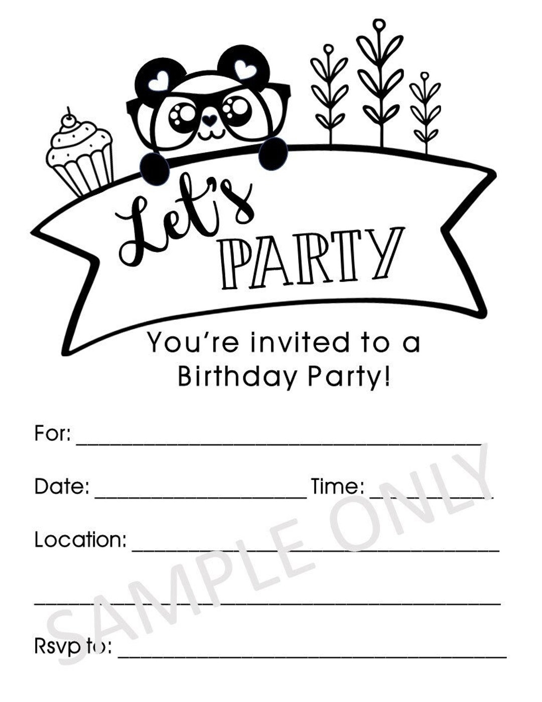 Printable Panda Birthday Party Invitation Instant Download Fill in Template Minimal Black U0026 White Design Etsy