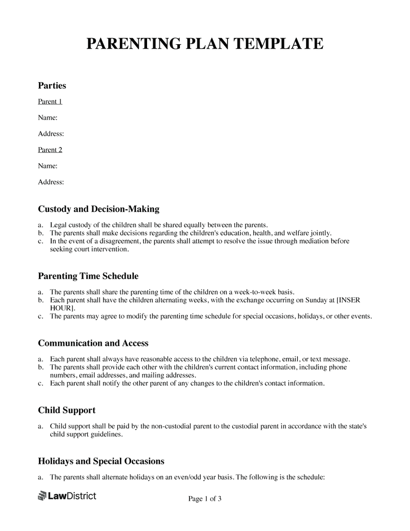 parenting plan template texas