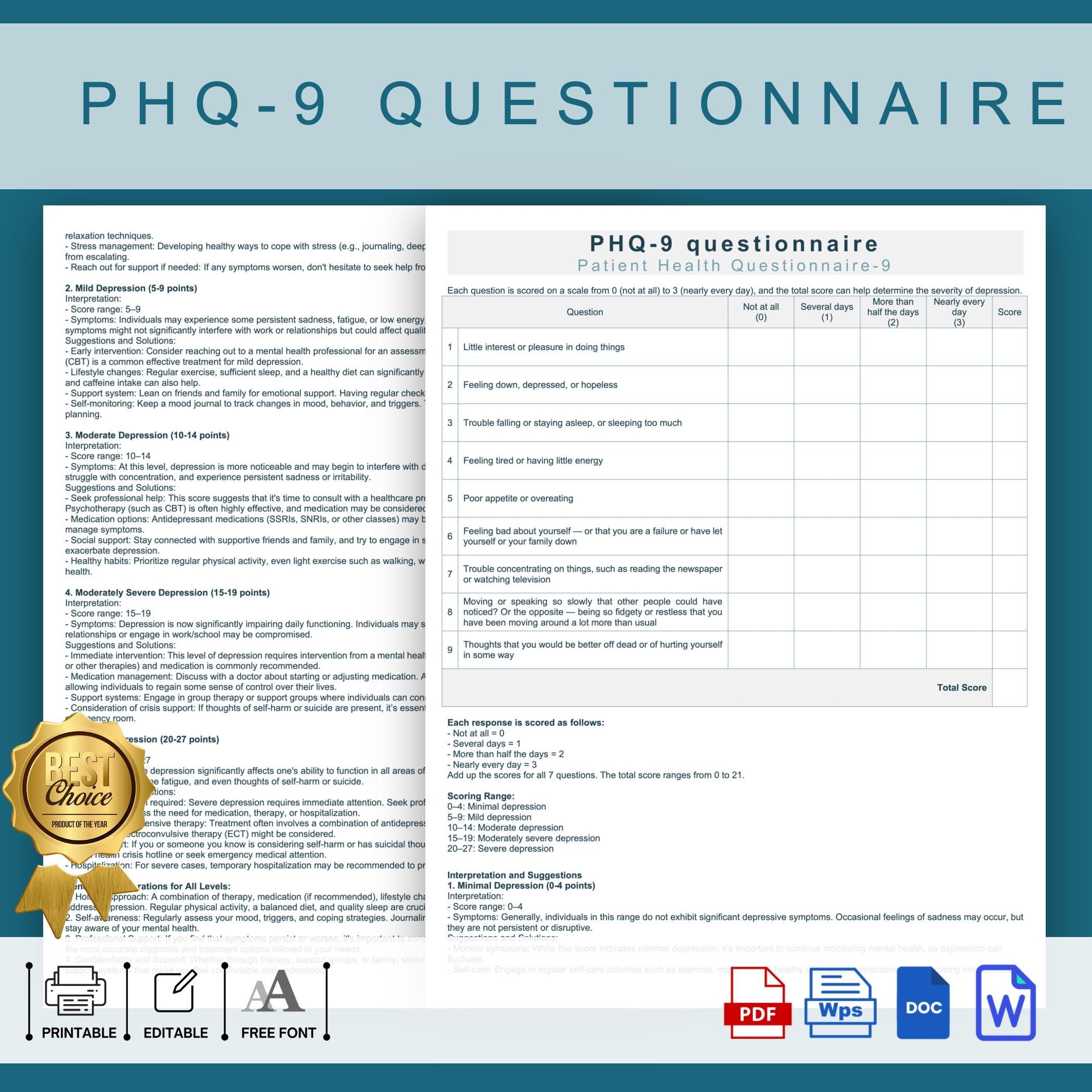 Printable PHQ 9 Questionnaire Phq 9 Depression Test phq 9 Self 