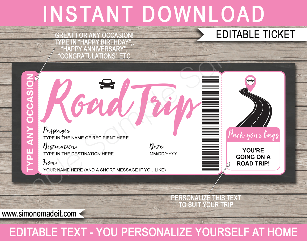 Printable Surprise Road Trip Reveal Template Editable Road Trip Tickets