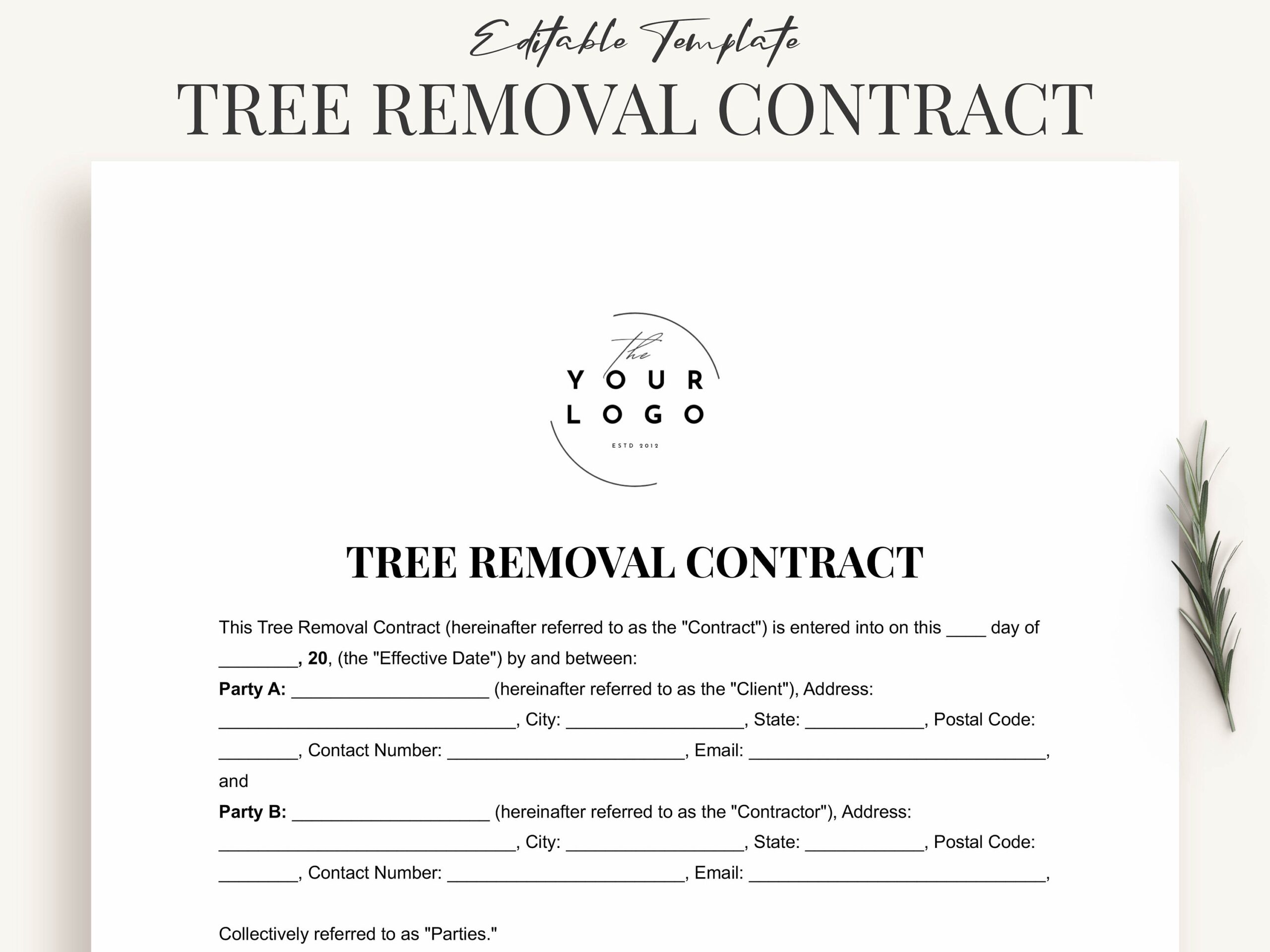 Printable Tree Removal Contract Template Word Customizable PDF Agreement For Tree Removal Etsy UK