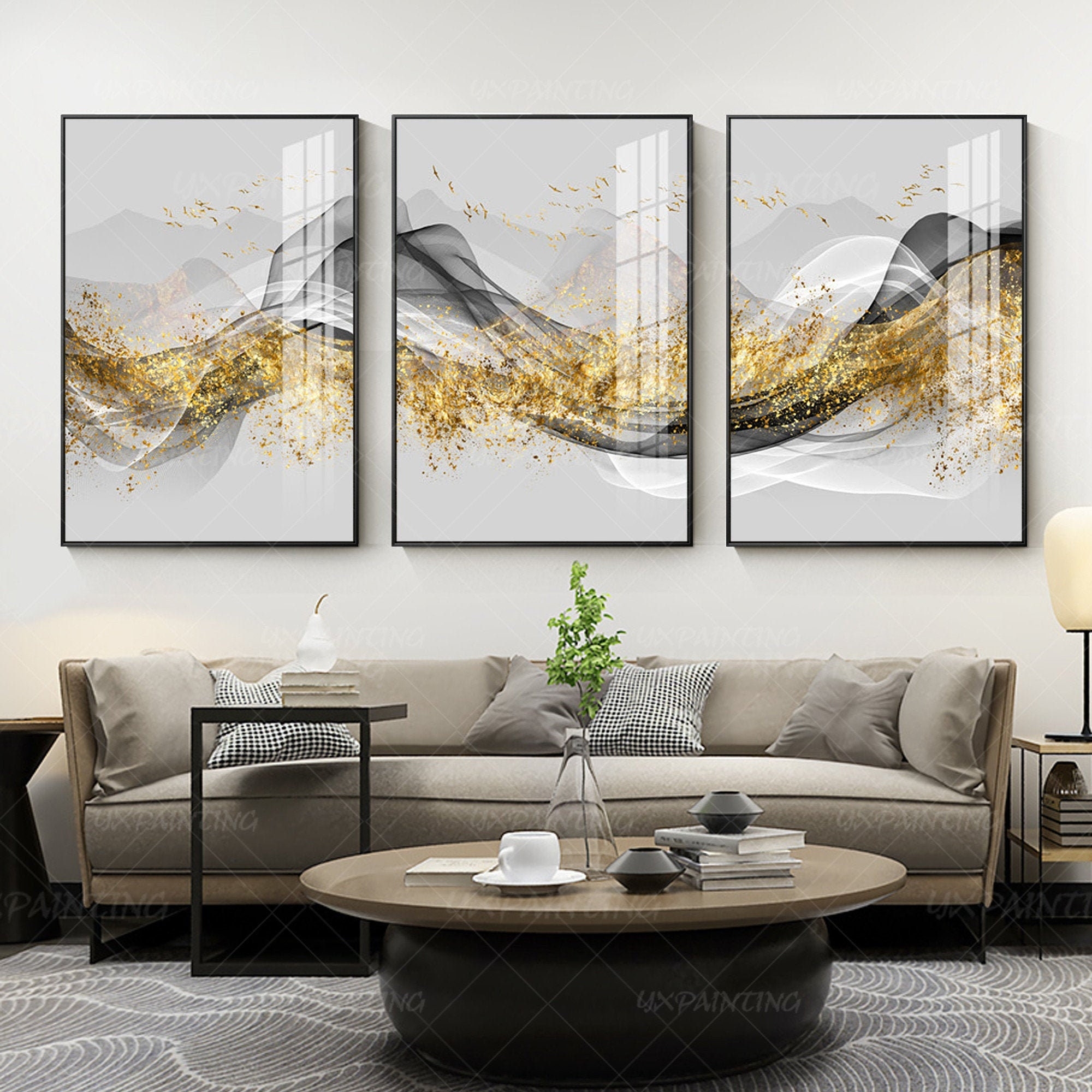 Printable Wall Art Set Of 3 Prints Wall Art Framed 3 Pieces Wall Art Mountain Gold Bird Watercolor Nature Print Framed Living Room Print Etsy
