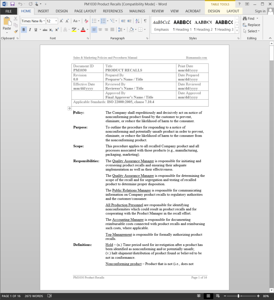 Product Recall Procedure Template Word